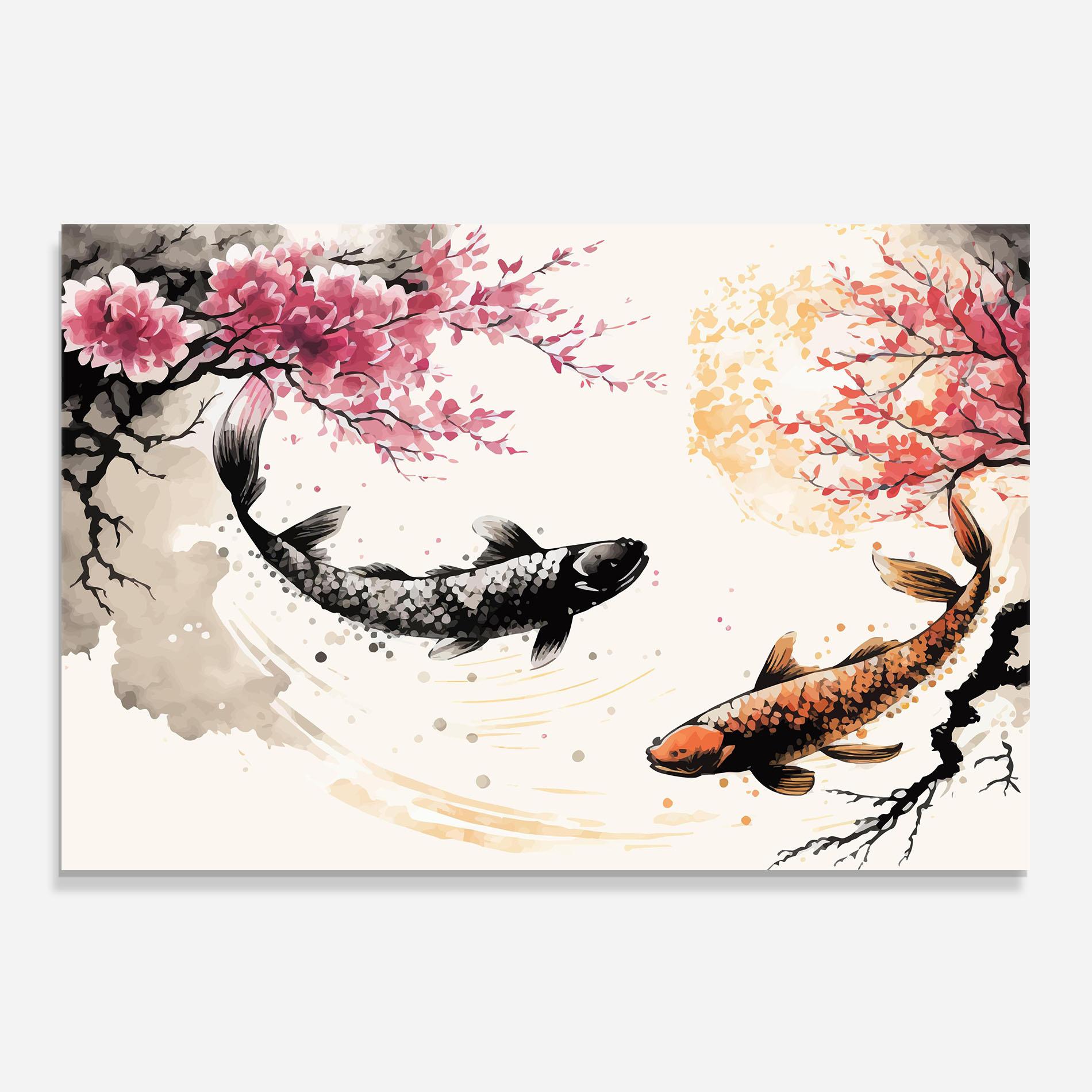 Panou Sticla Bucatarie Asiatic Flower Fish mockup 0