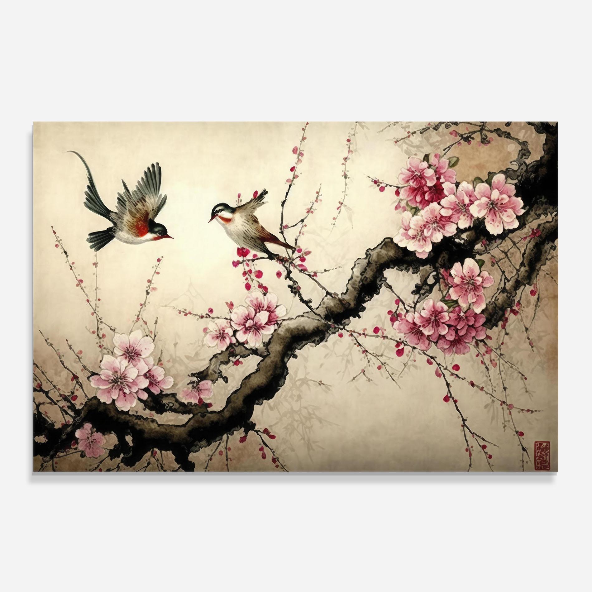 Panou Sticla Bucatarie Cherry Blossom Birds mockup 0
