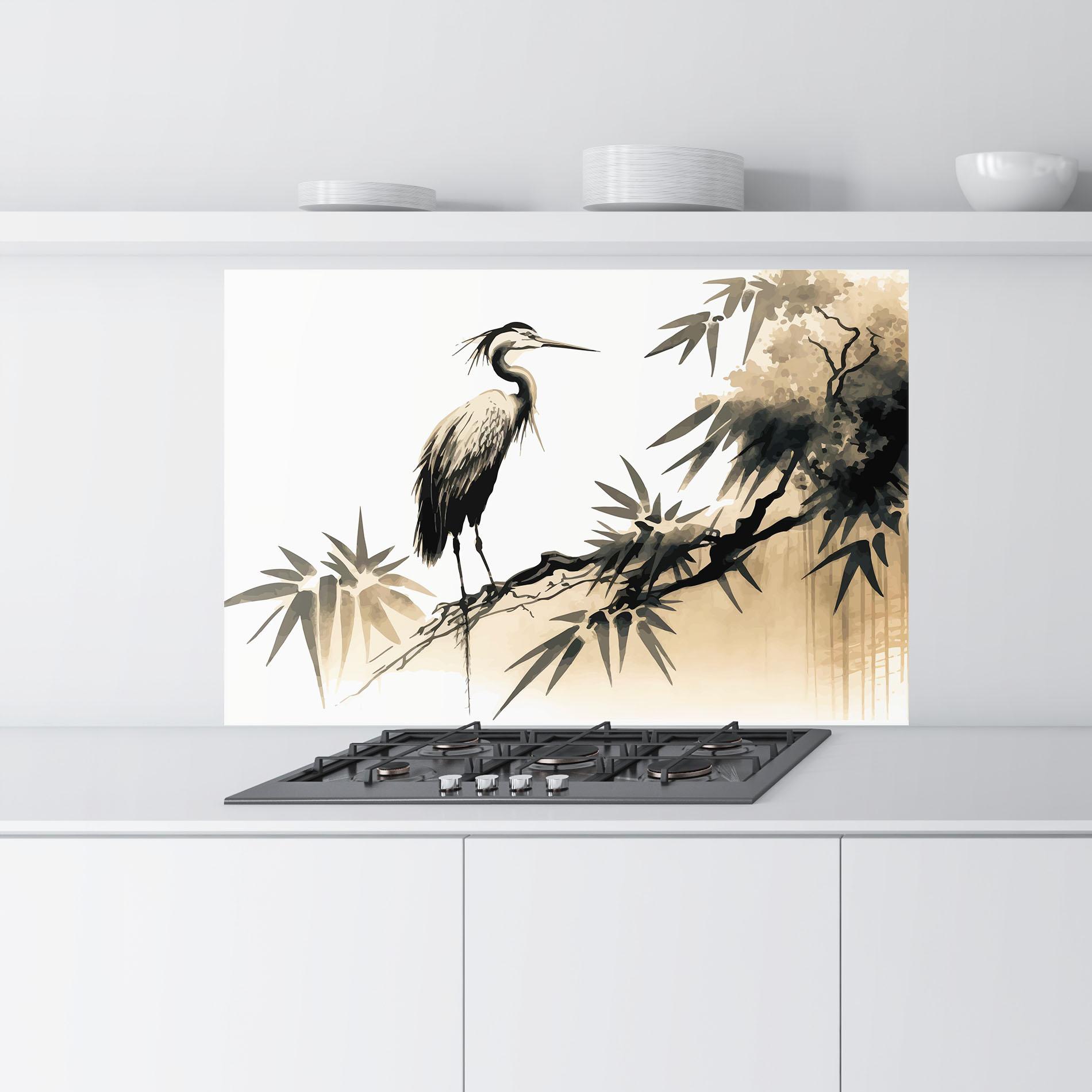 Panou Sticla Bucatarie Black Cream Bird Art mockup 9