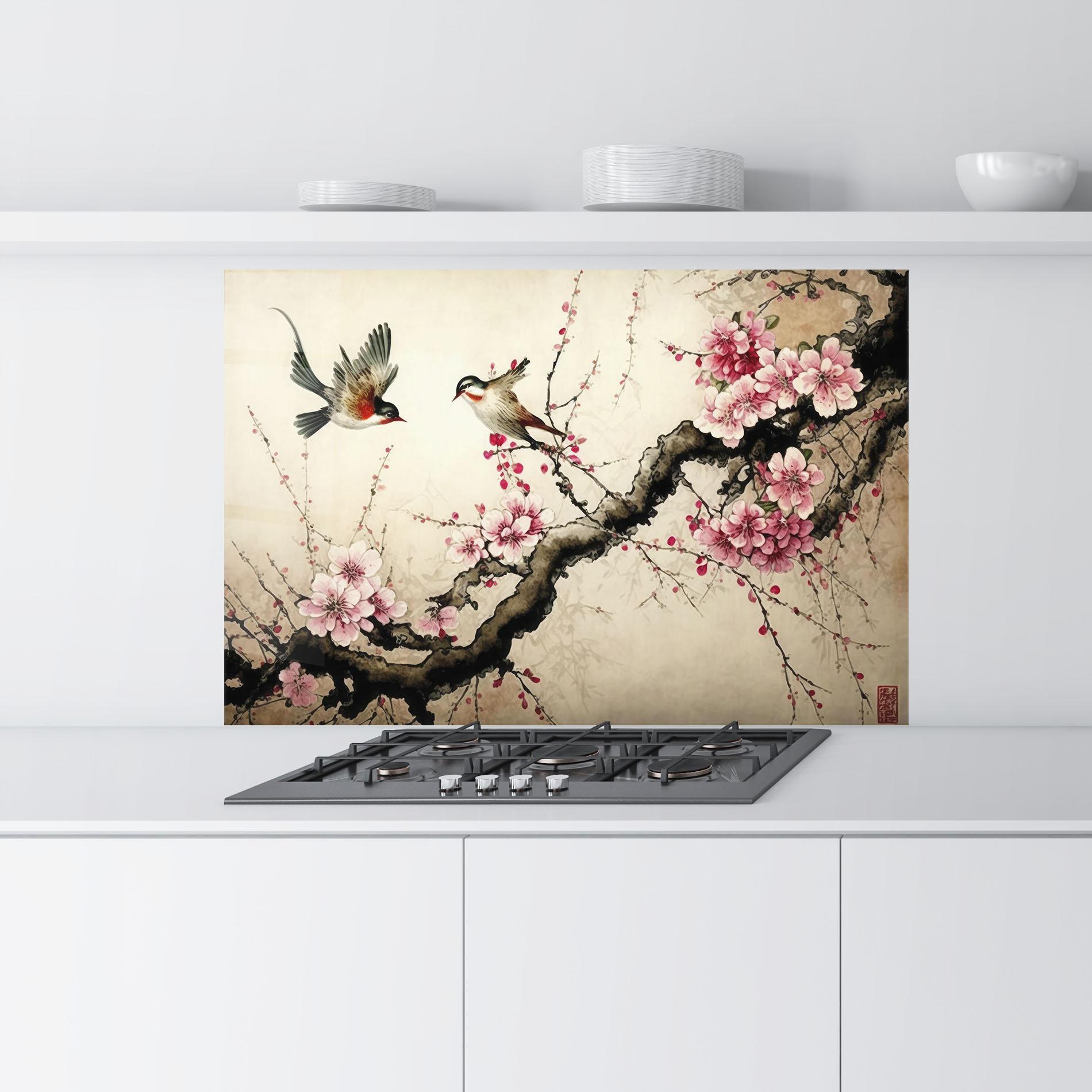 Panou Sticla Bucatarie Cherry Blossom Birds mockup 9