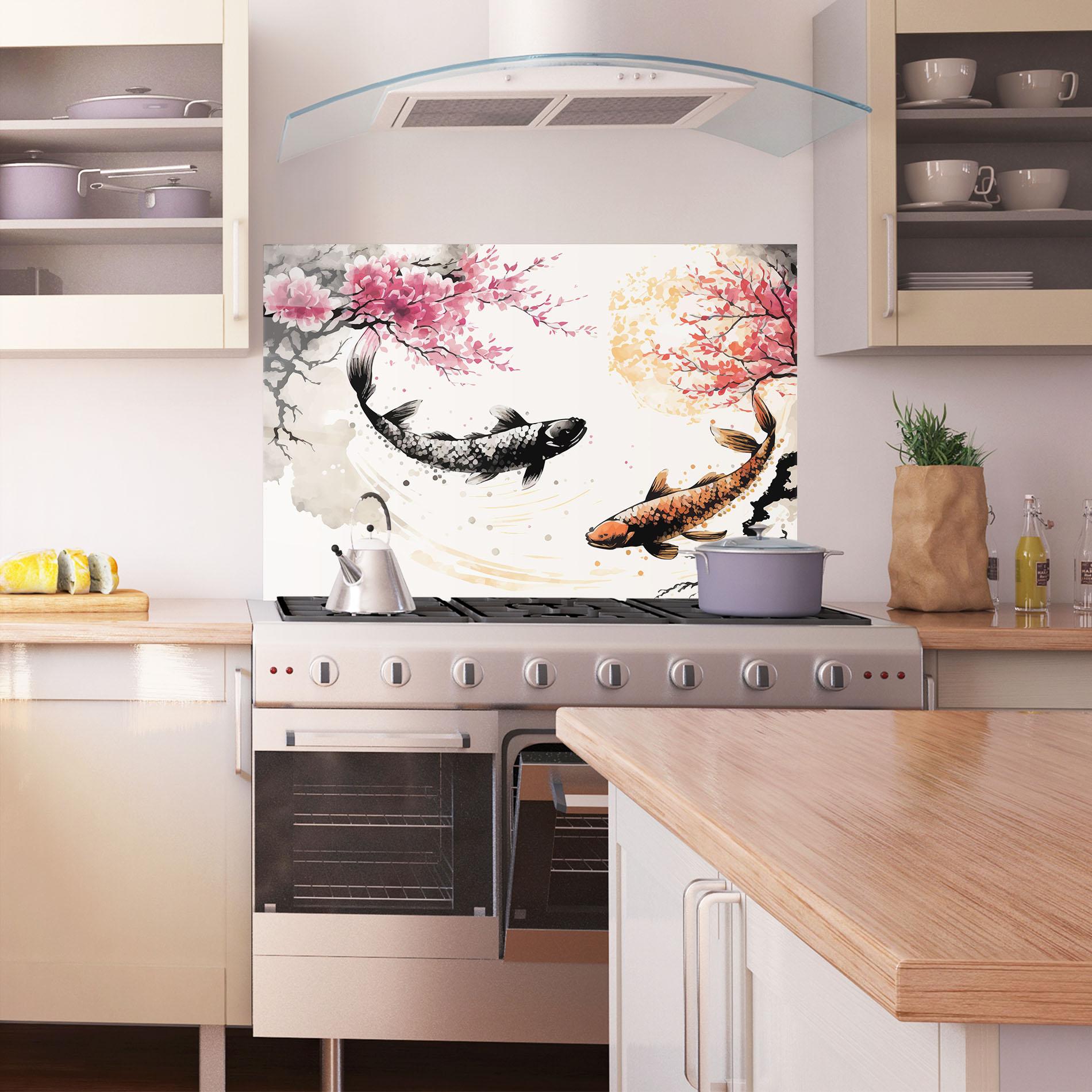 Panou Sticla Bucatarie Asiatic Flower Fish mockup 1