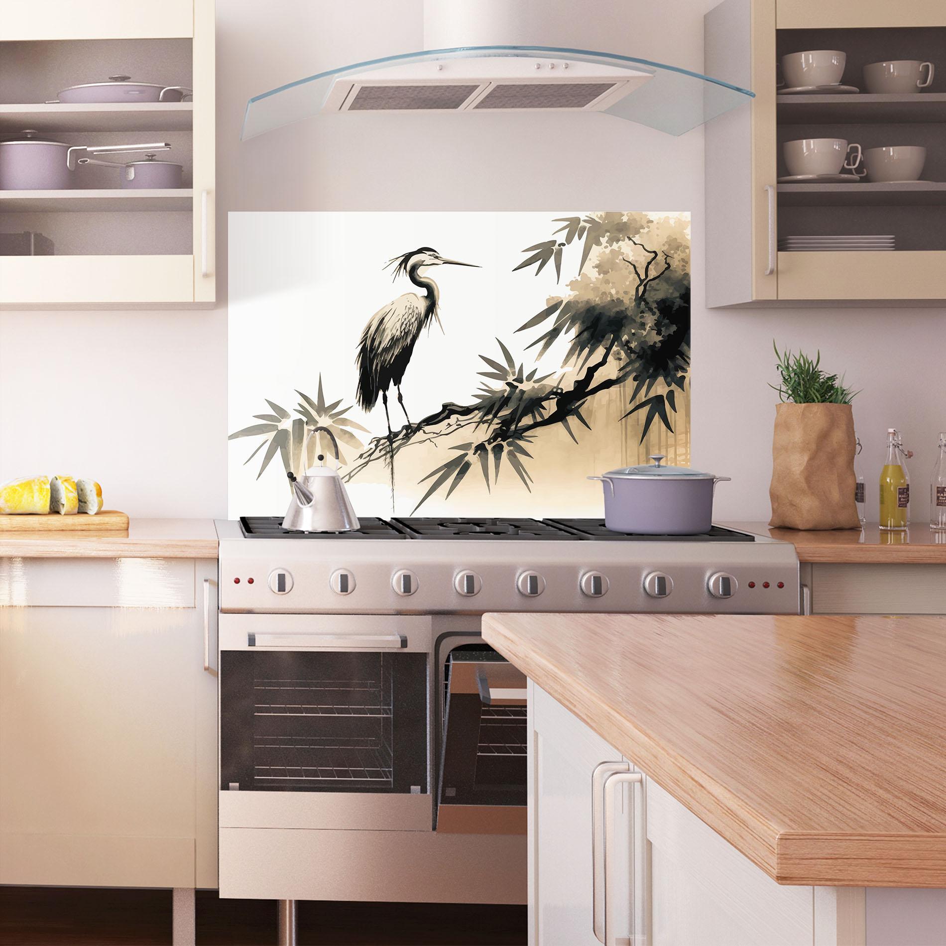 Panou Sticla Bucatarie Black Cream Bird Art mockup 1