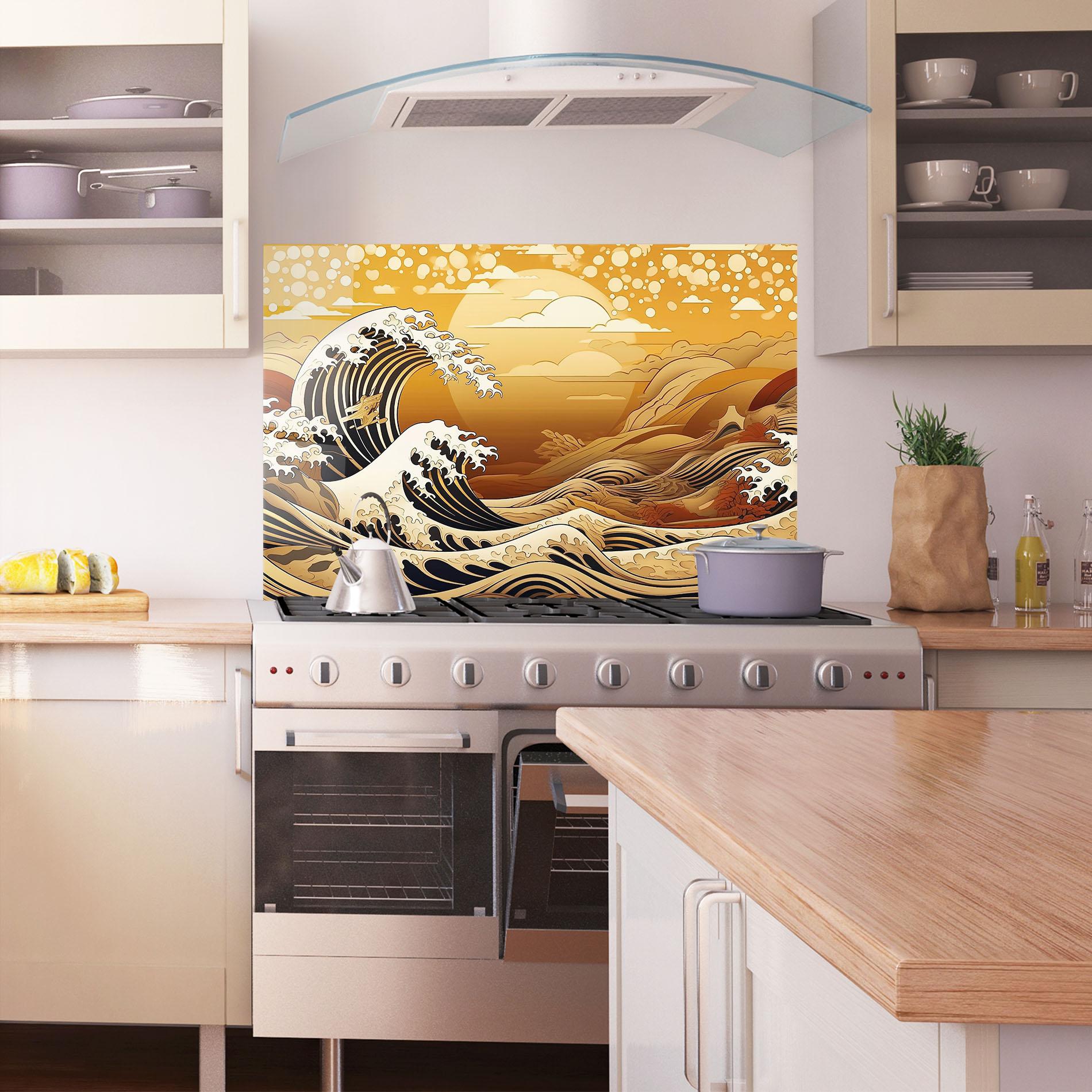 Panou Sticla Bucatarie Black Yellow Waves mockup 1