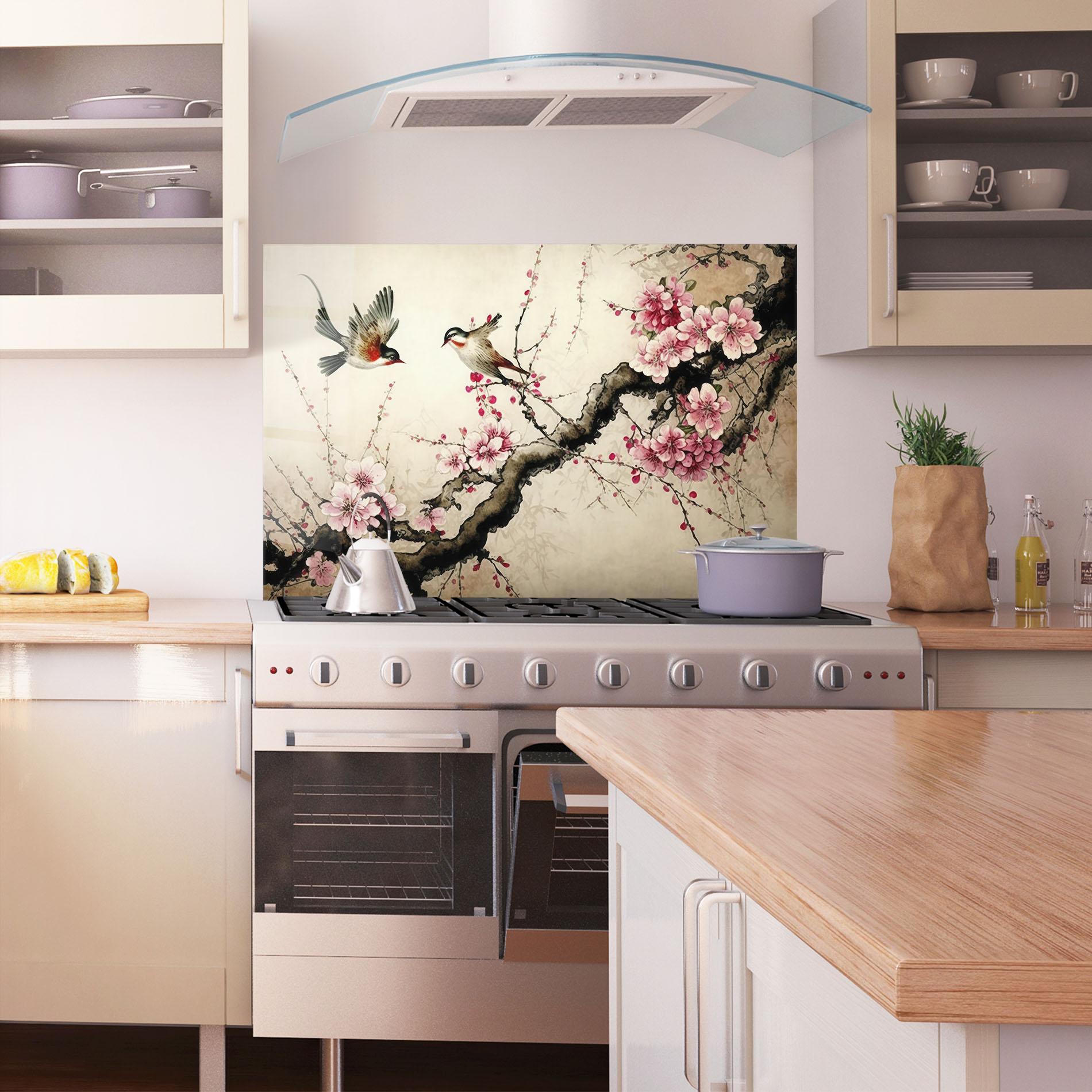 Panou Sticla Bucatarie Cherry Blossom Birds mockup 1