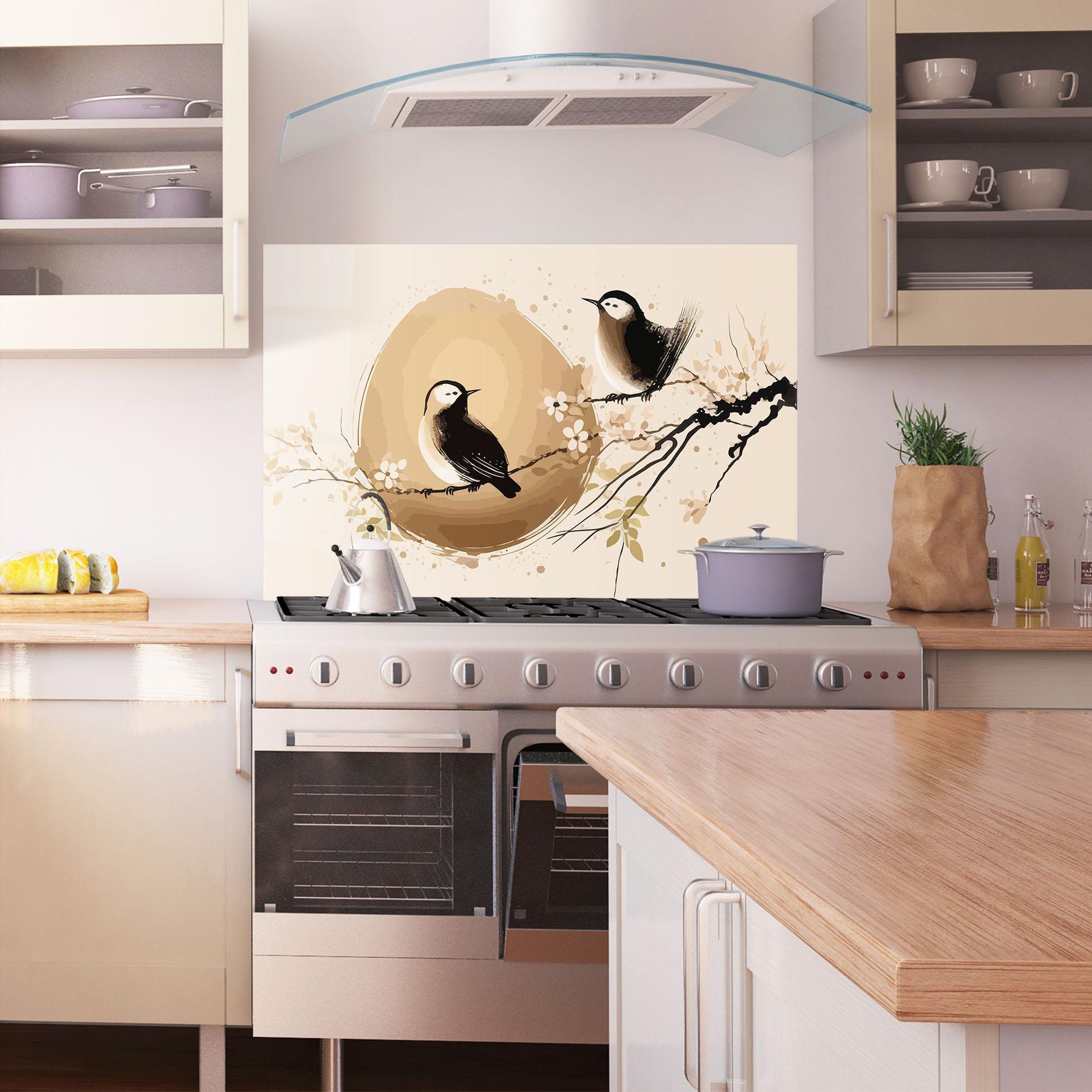 Panou Sticla Bucatarie Cream Blossoms Bird mockup 1