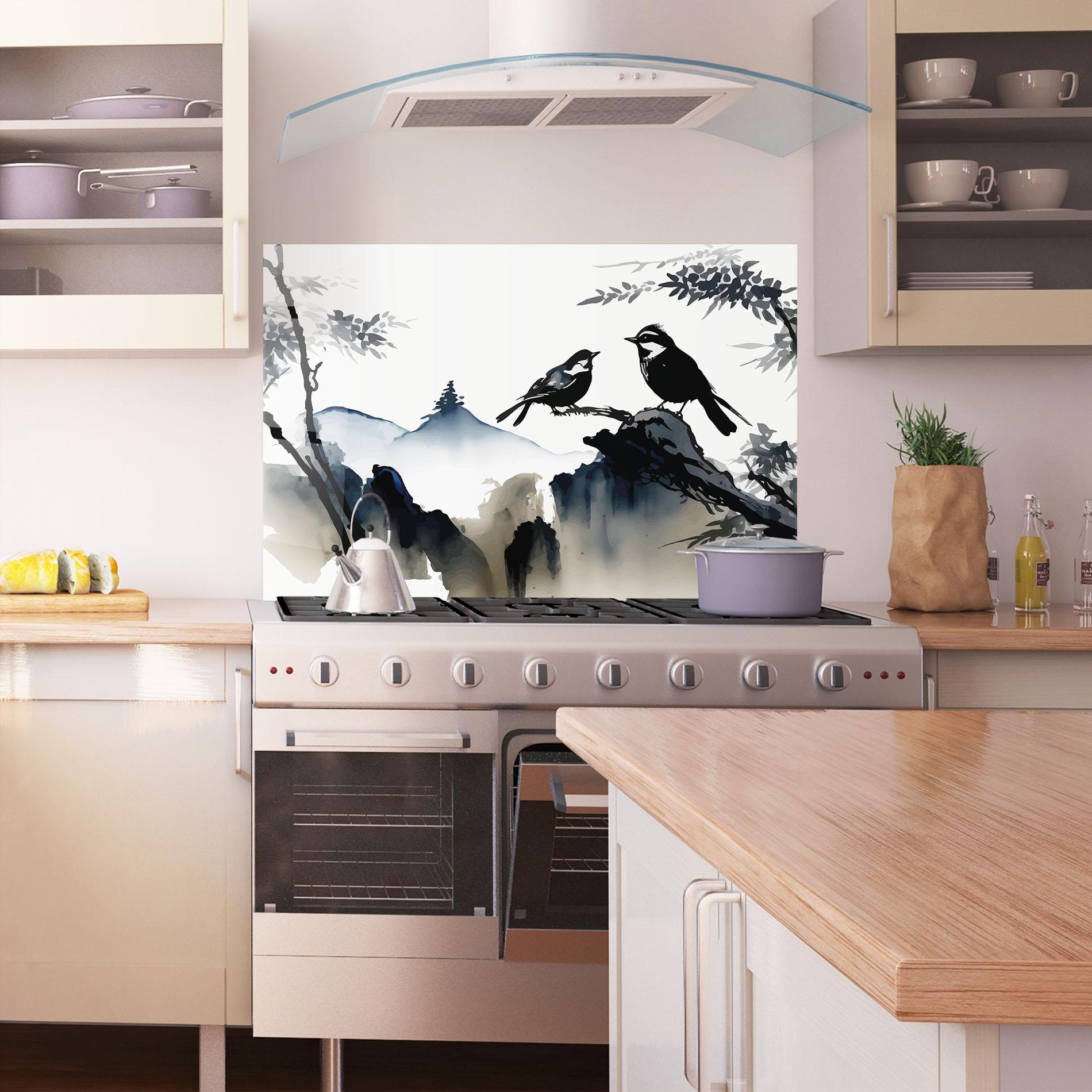 Panou Sticla Bucatarie Cream Blue Mountain Bird mockup 1