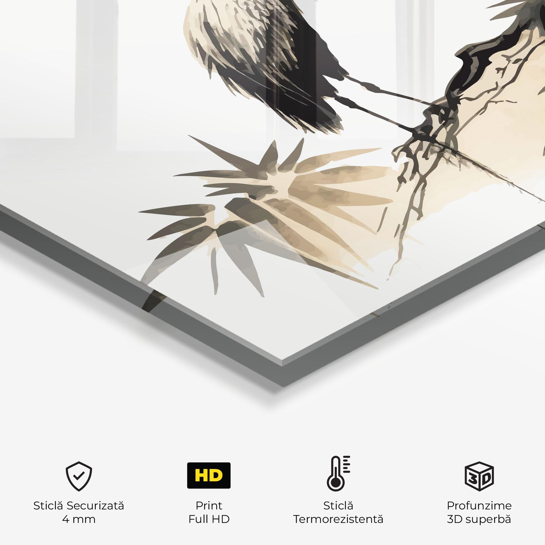 Panou Sticla Bucatarie Black Cream Bird Art mockup 2