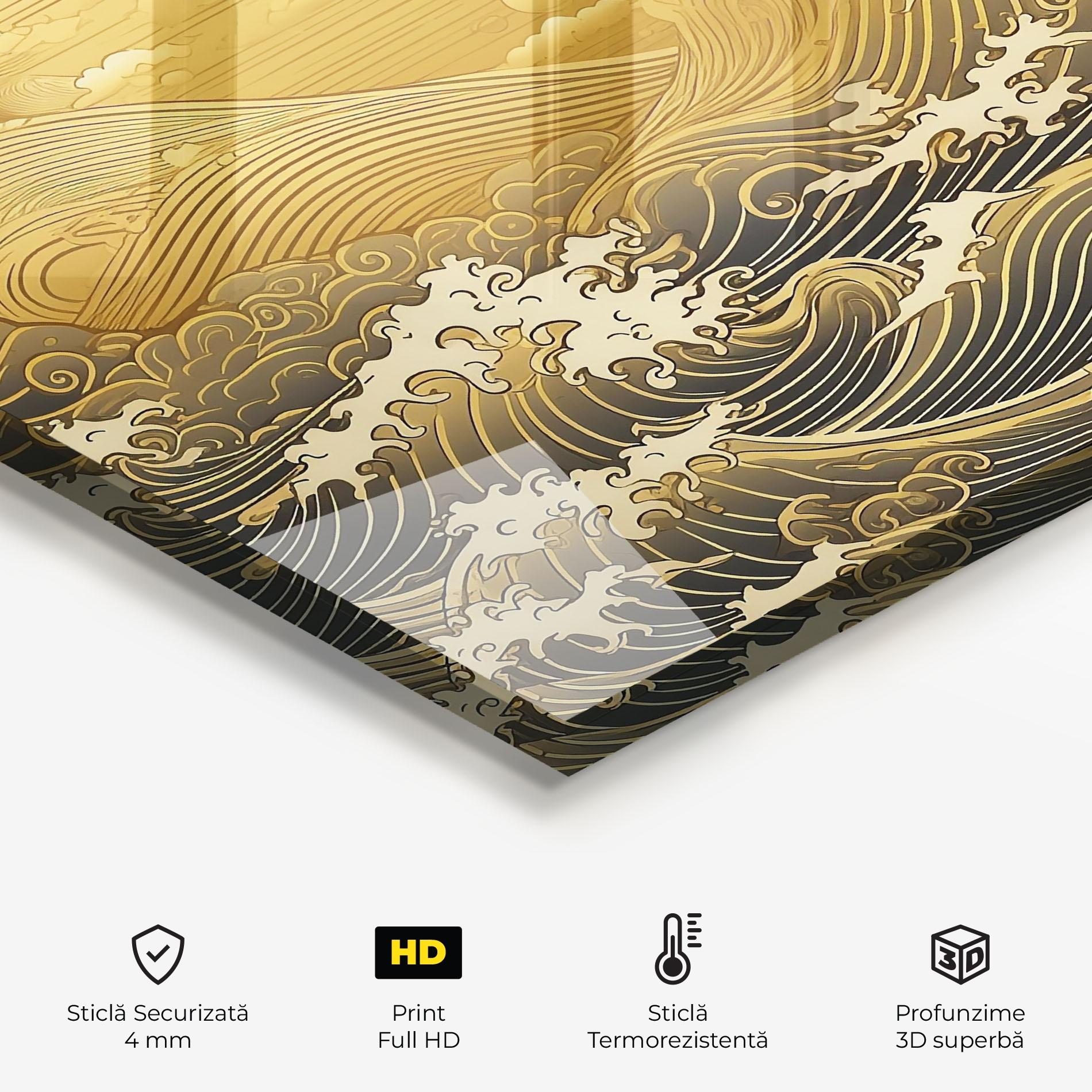 Panou Sticla Bucatarie Blue Gold Waves mockup 2