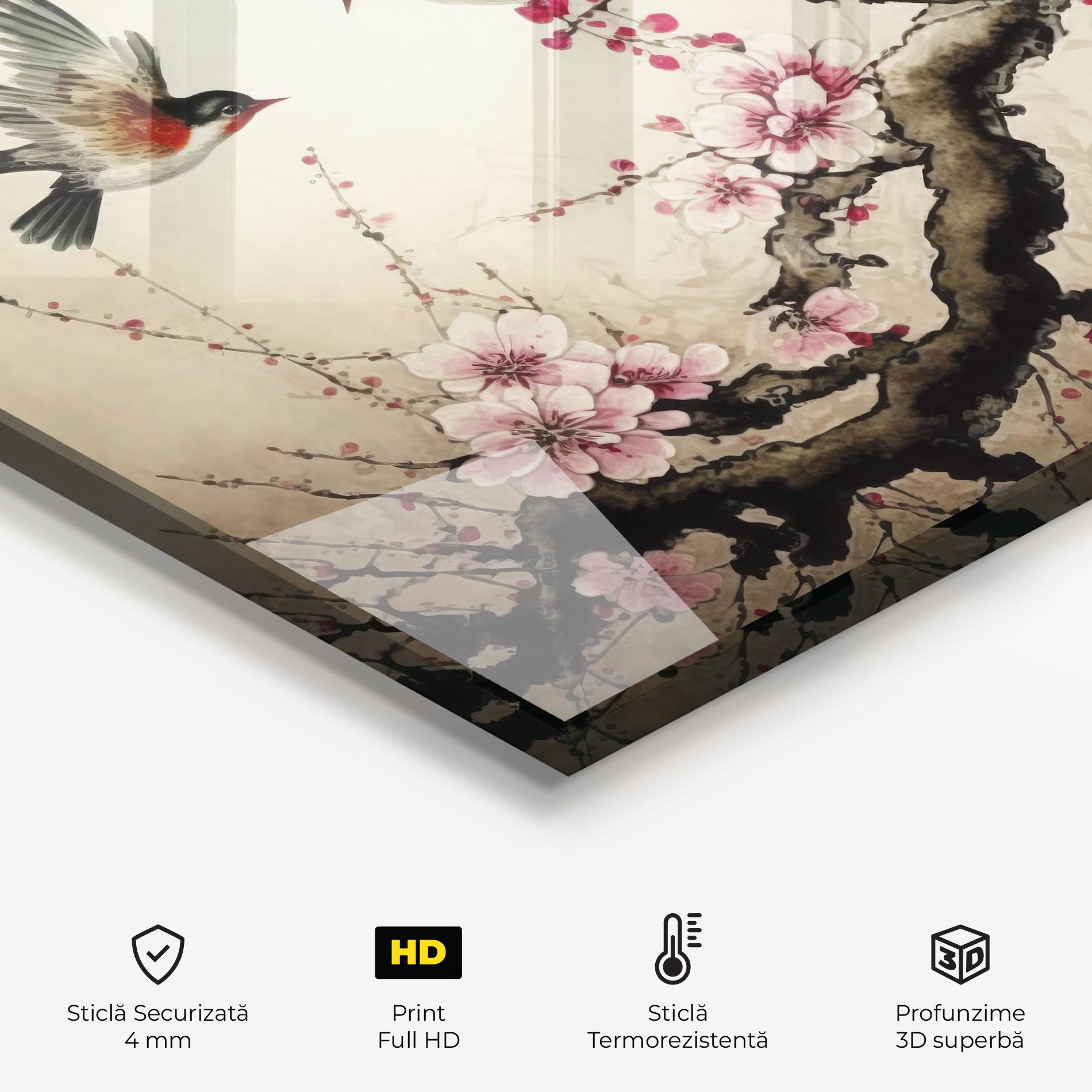 Panou Sticla Bucatarie Cherry Blossom Birds mockup 2