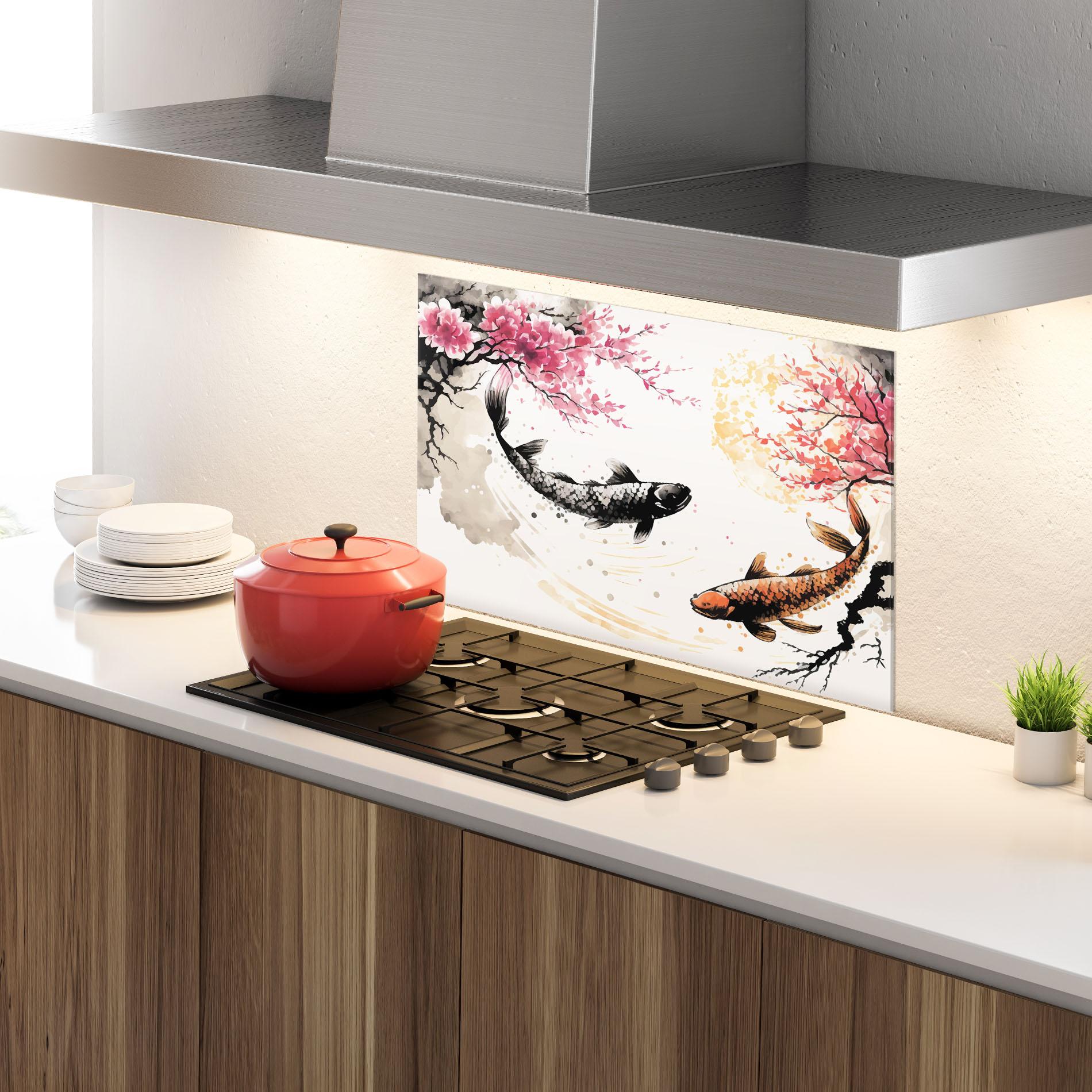 Panou Sticla Bucatarie Asiatic Flower Fish mockup 4