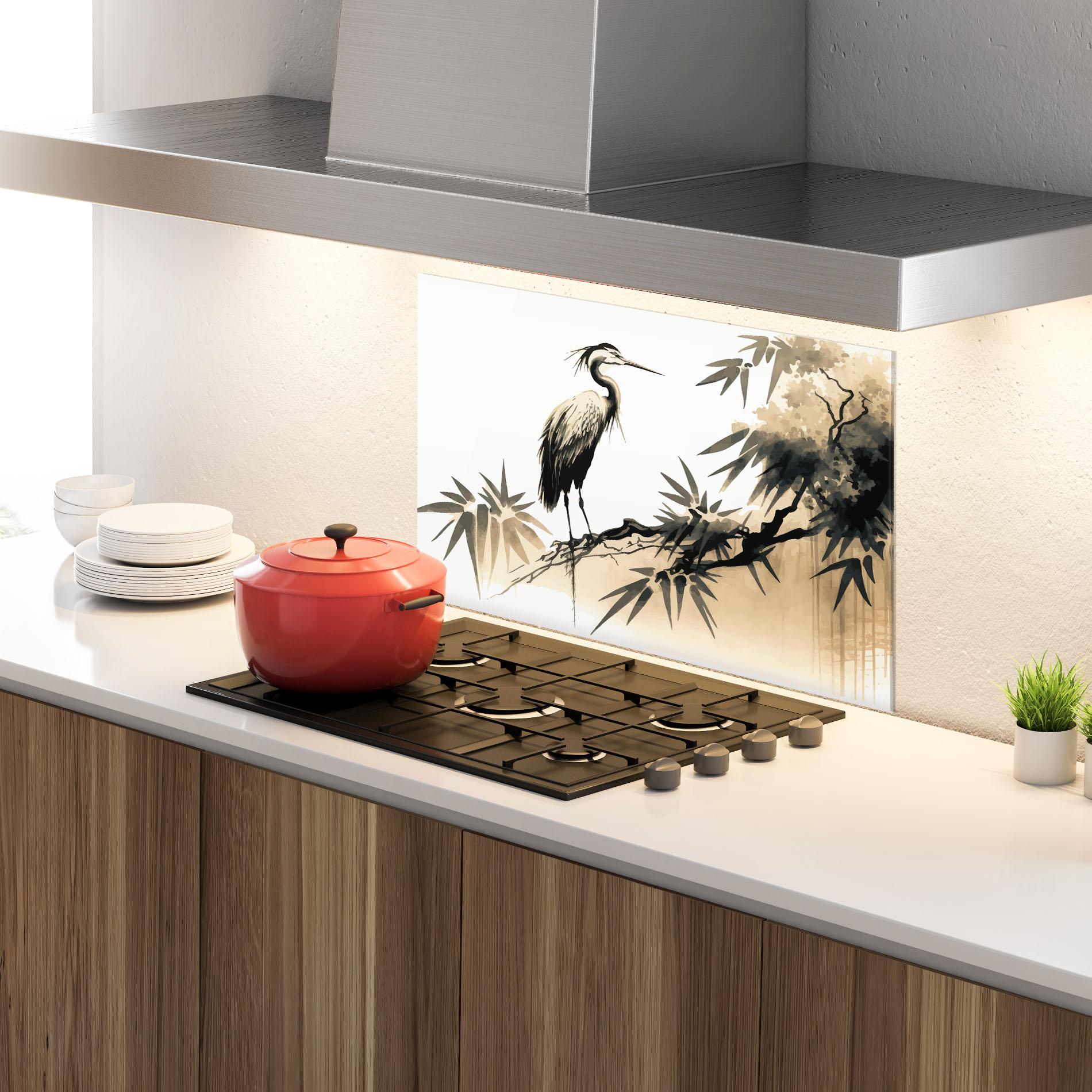 Panou Sticla Bucatarie Black Cream Bird Art mockup 4