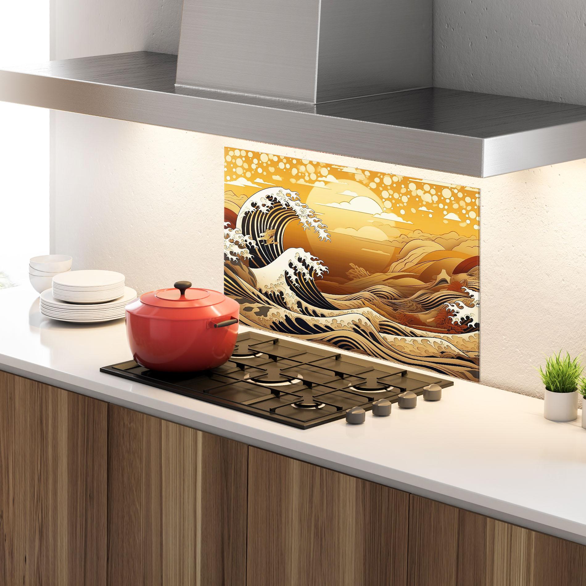 Panou Sticla Bucatarie Black Yellow Waves mockup 4