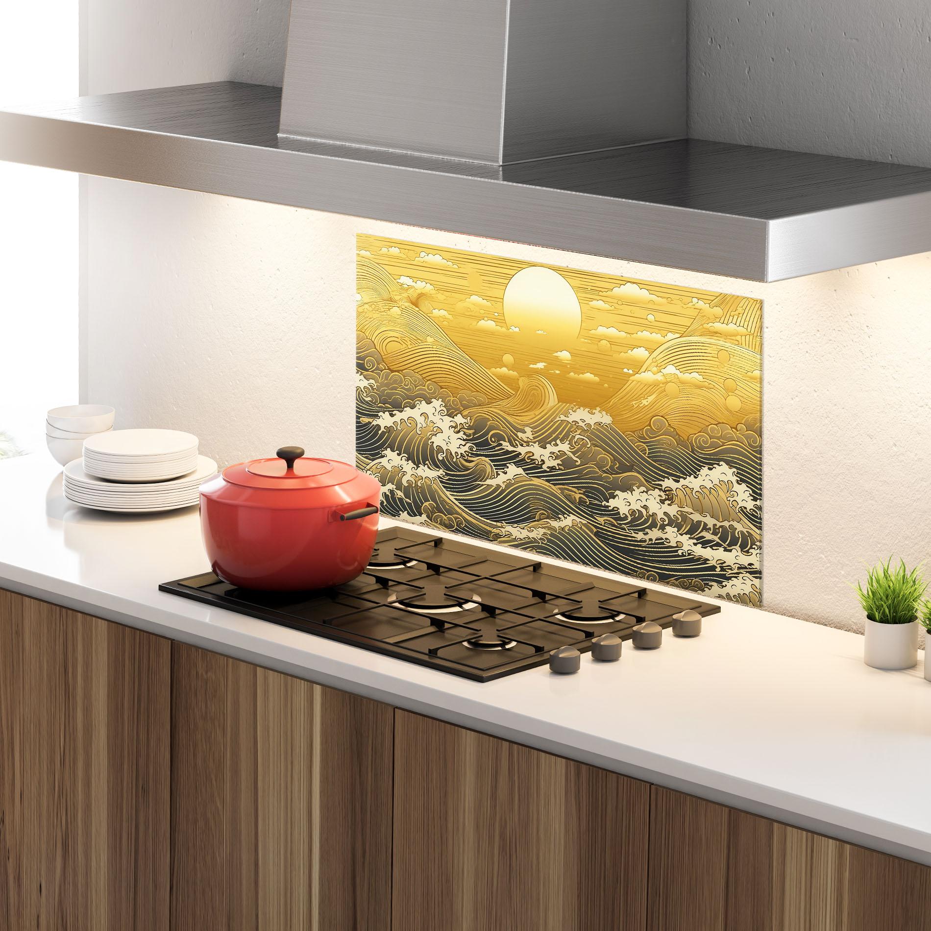 Panou Sticla Bucatarie Blue Gold Waves mockup 4