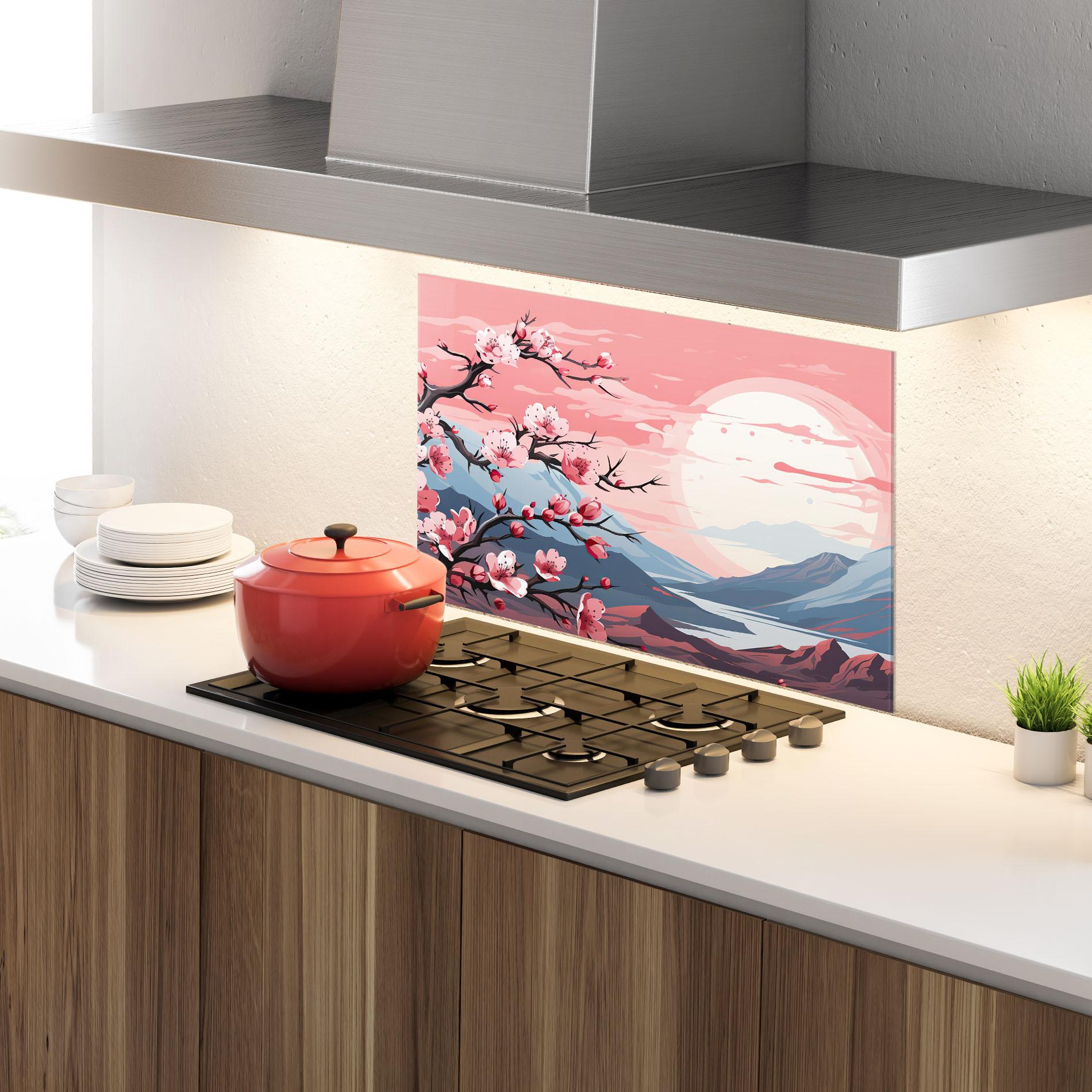 Panou Sticla Bucatarie Chinese Cherry Blossoms mockup 4