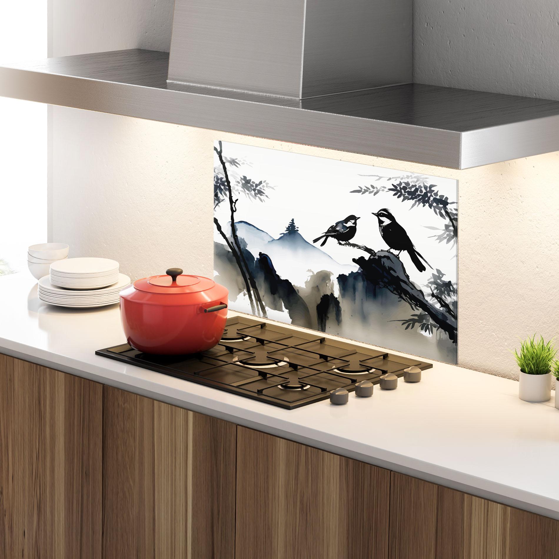 Panou Sticla Bucatarie Cream Blue Mountain Bird mockup 4