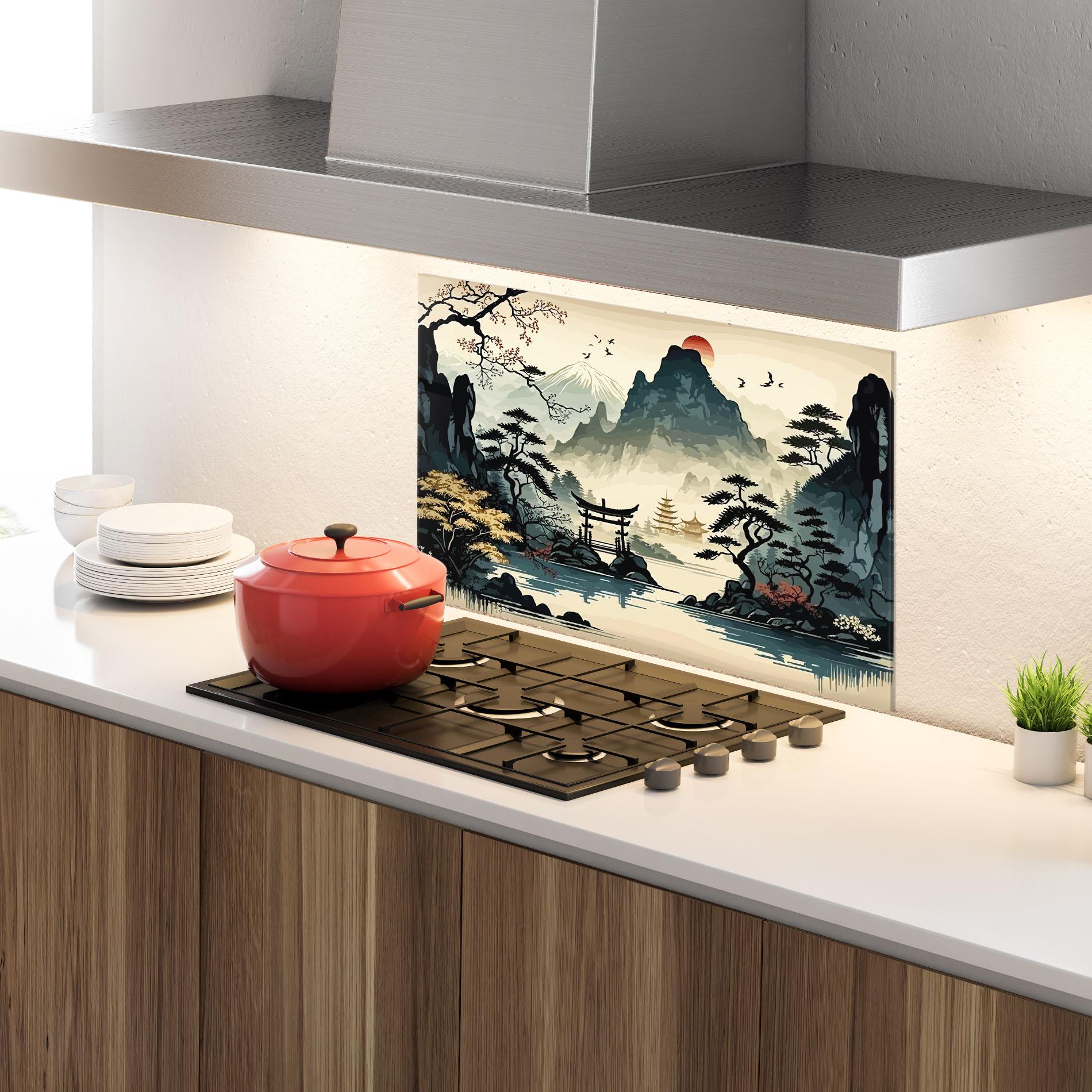 Panou Sticla Bucatarie Cream Chinese Mountain mockup 4