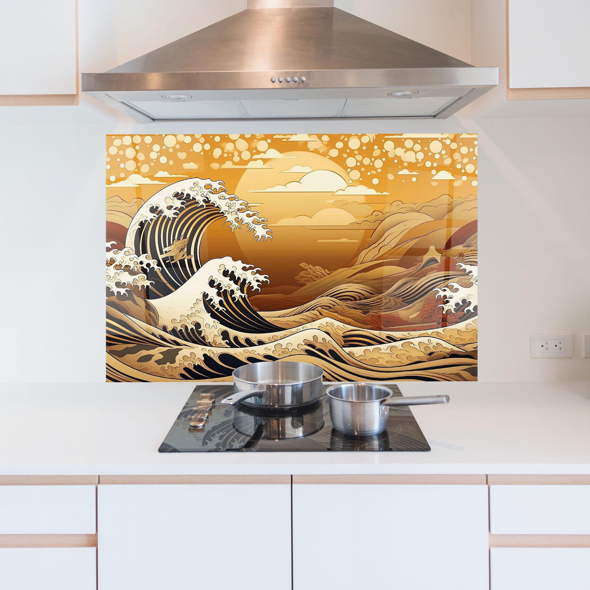 Panou Sticla Bucatarie Black Yellow Waves mockup 5