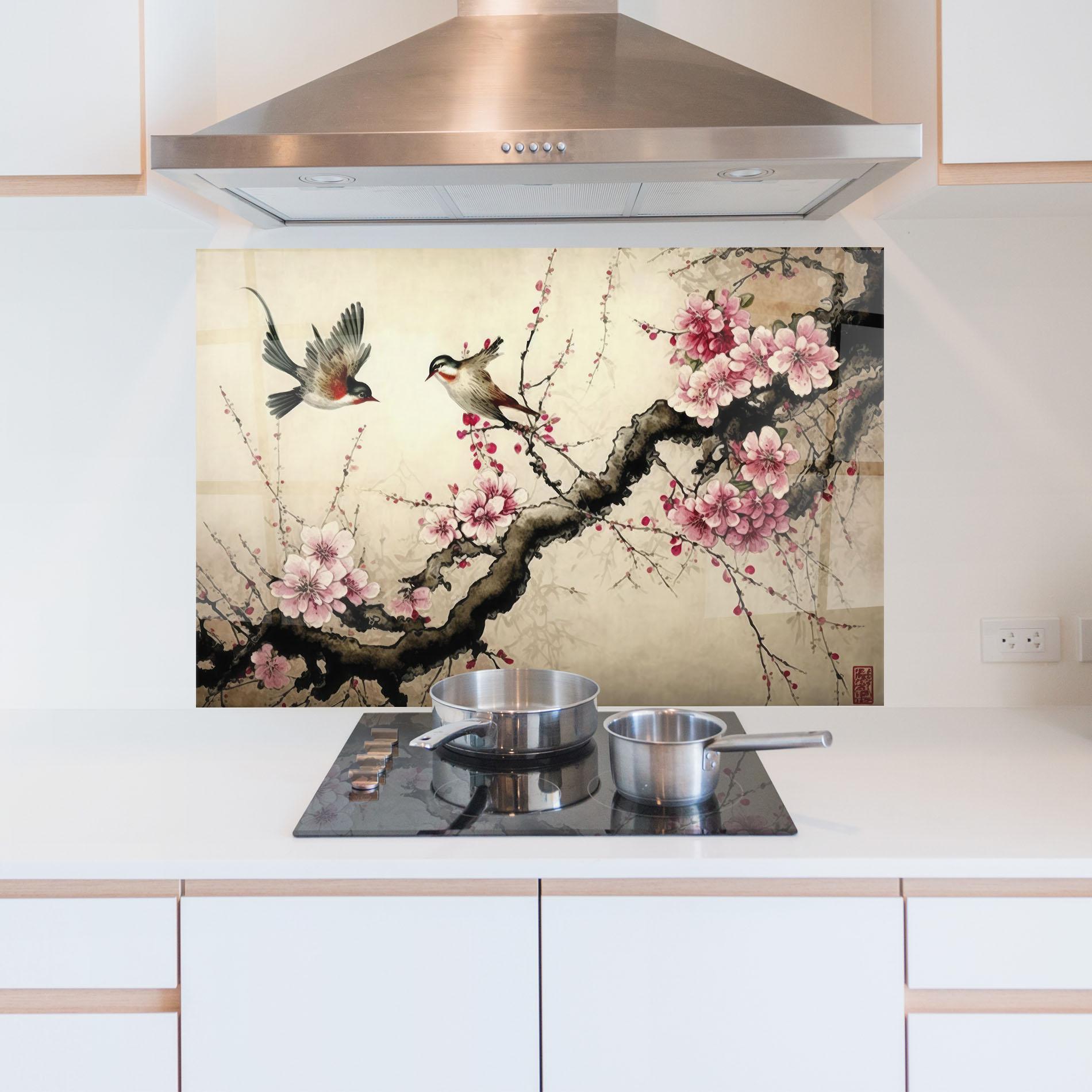Panou Sticla Bucatarie Cherry Blossom Birds mockup 5