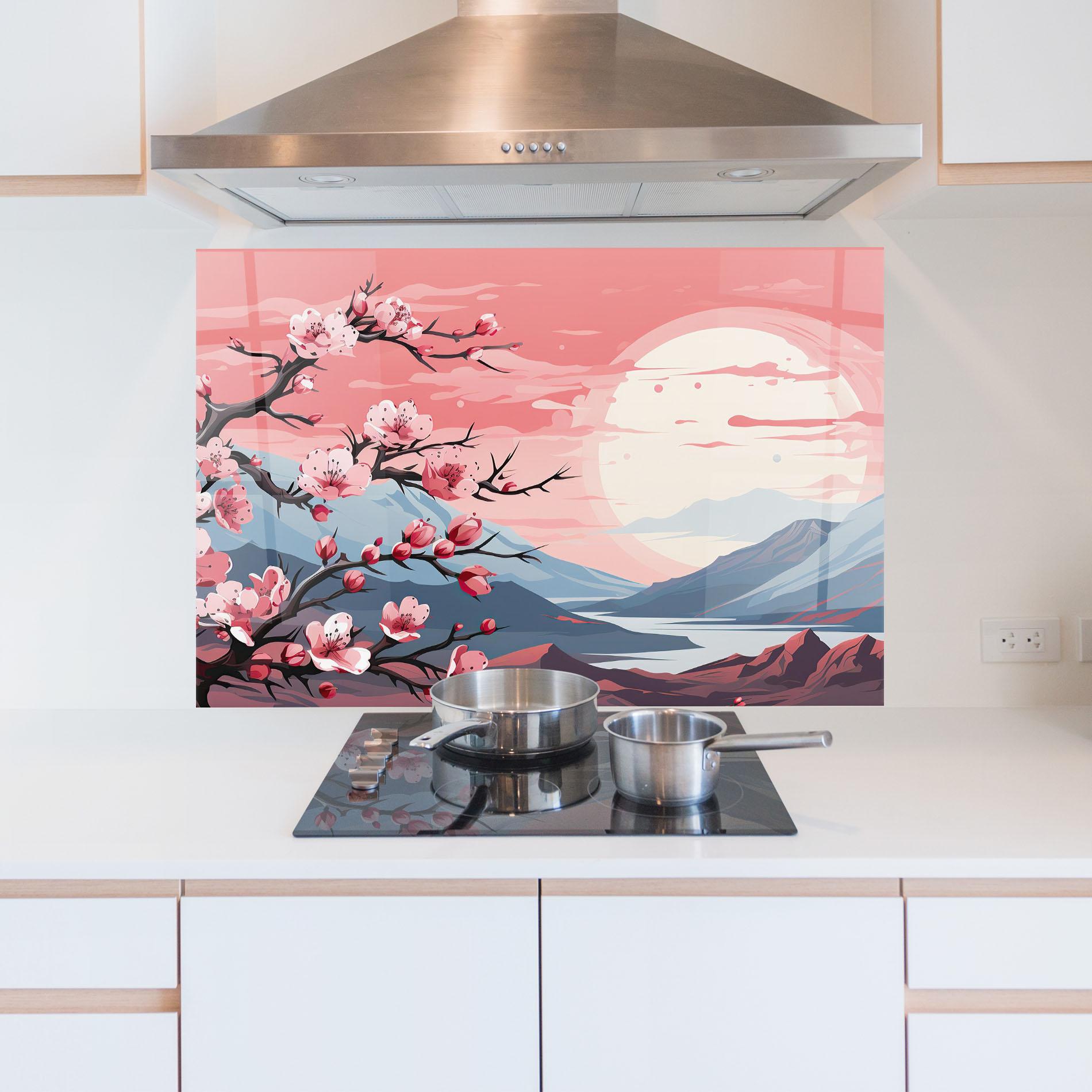 Panou Sticla Bucatarie Chinese Cherry Blossoms mockup 5