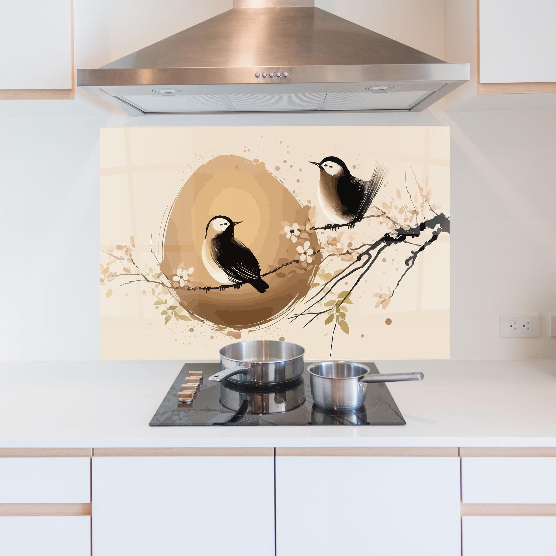Panou Sticla Bucatarie Cream Blossoms Bird mockup 5