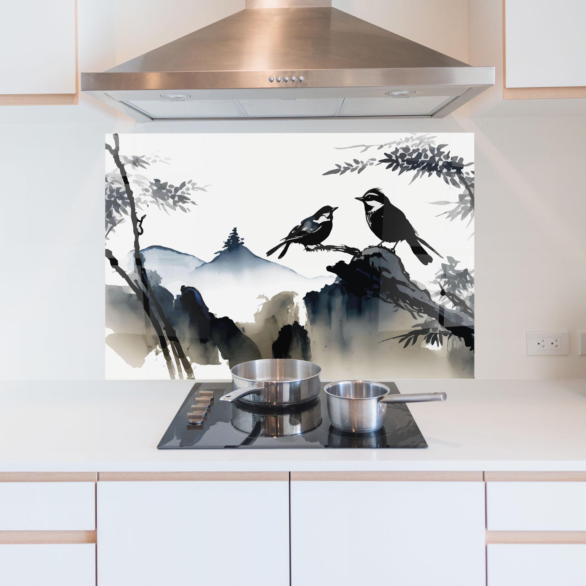 Panou Sticla Bucatarie Cream Blue Mountain Bird mockup 5