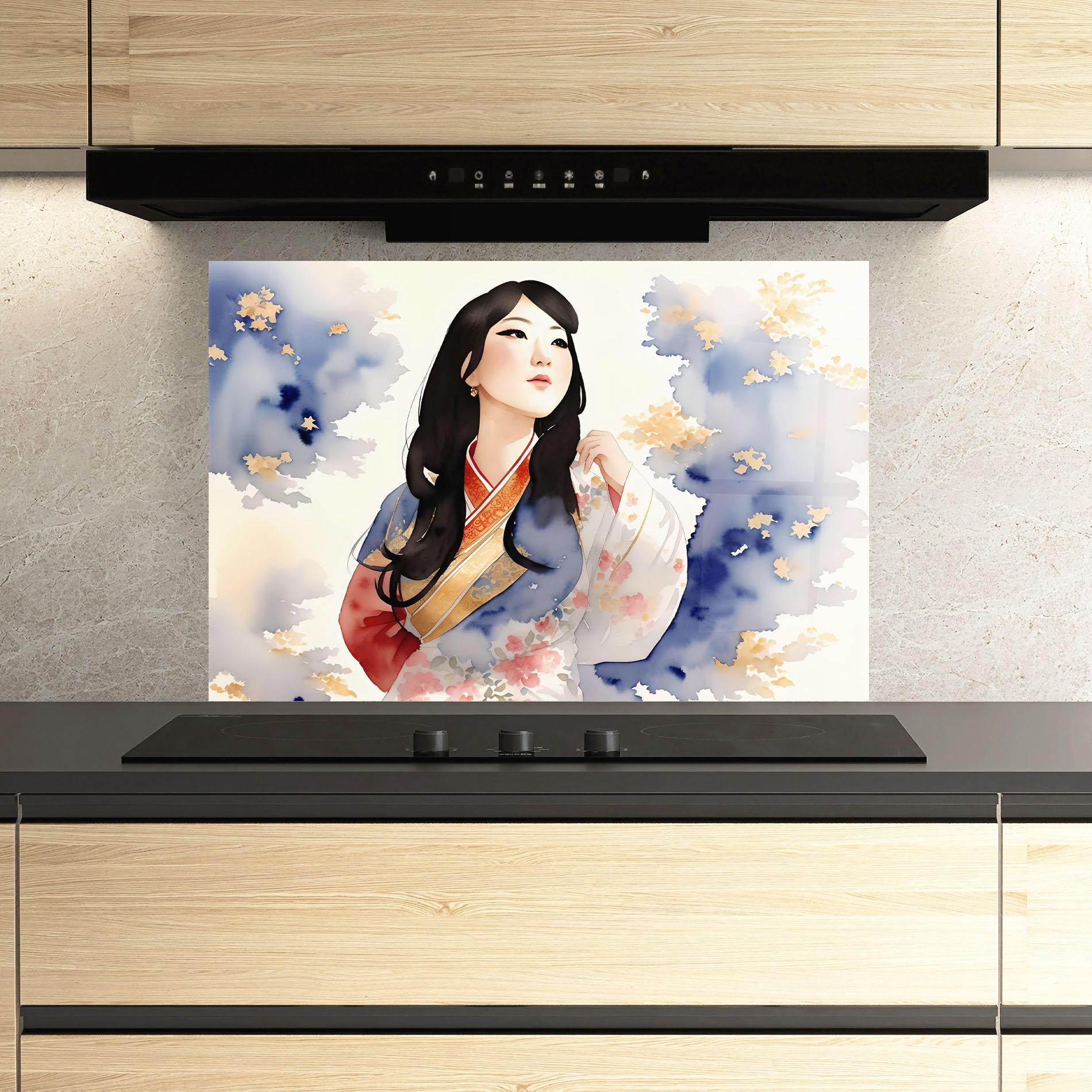 Panou Sticla Bucatarie Asian Woman Dancing mockup 3