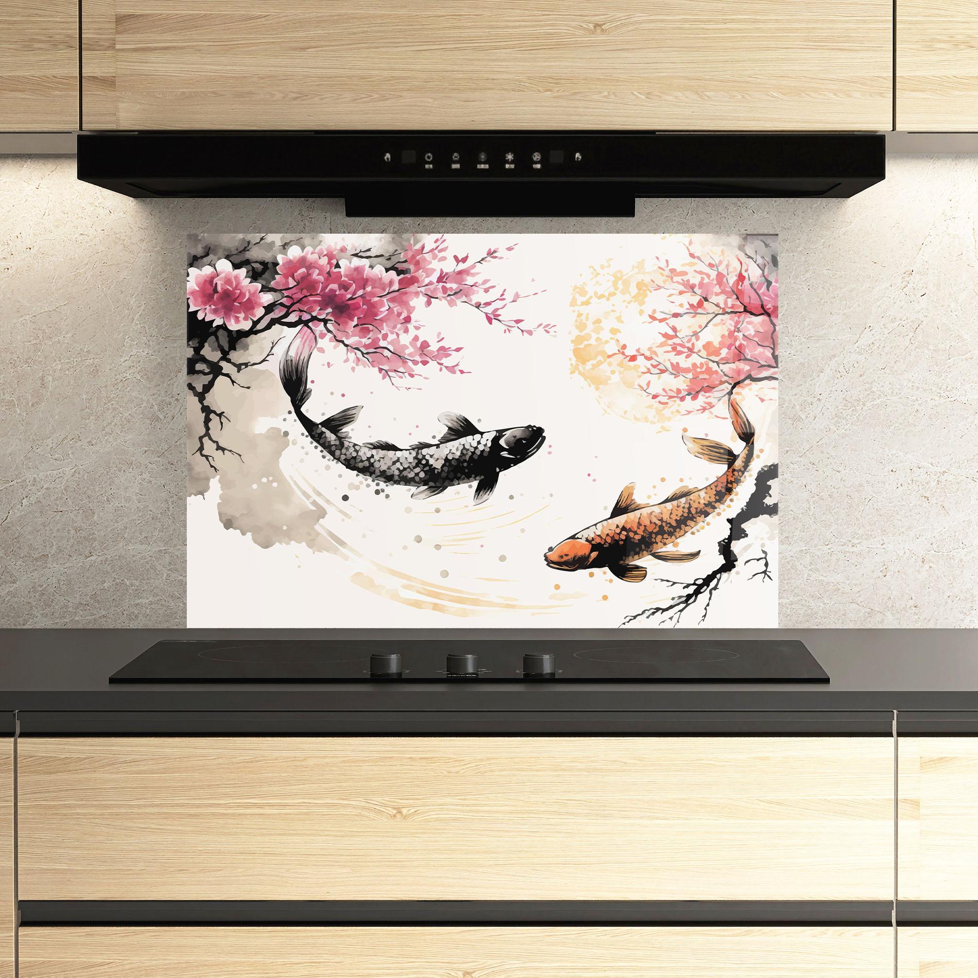 Panou Sticla Bucatarie Asiatic Flower Fish mockup 3