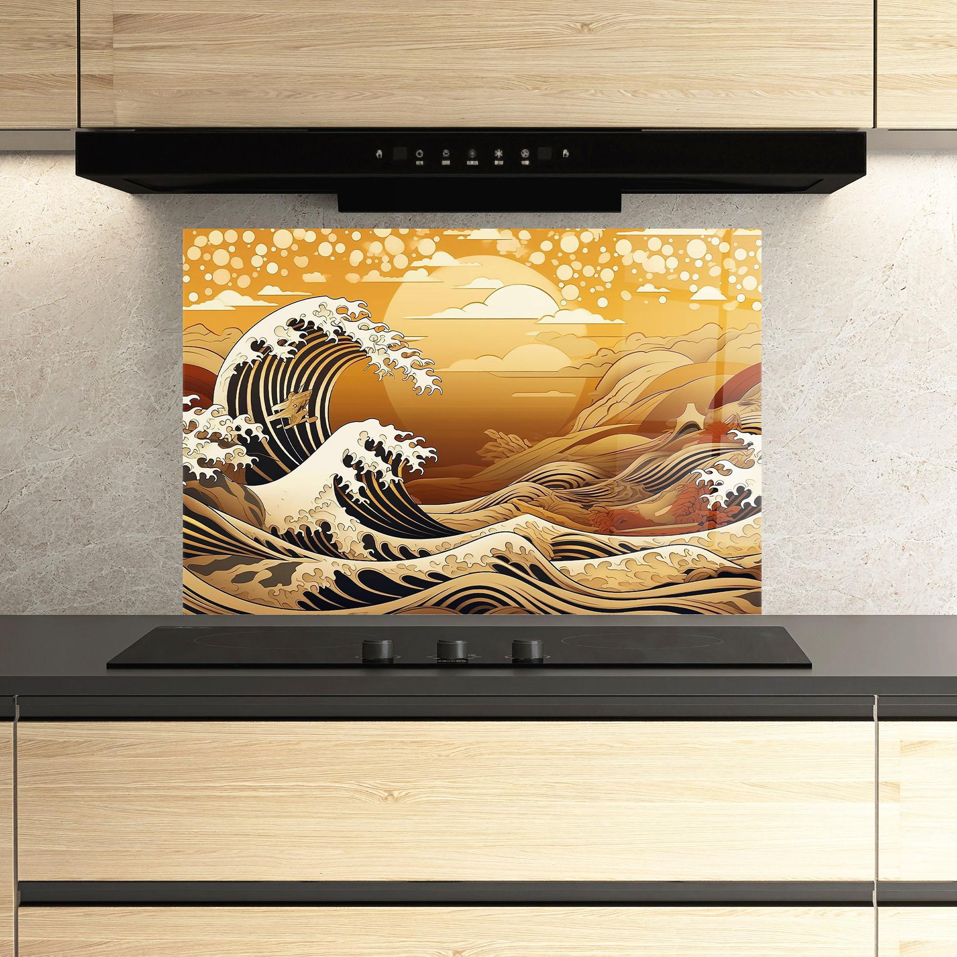 Panou Sticla Bucatarie Black Yellow Waves mockup 3