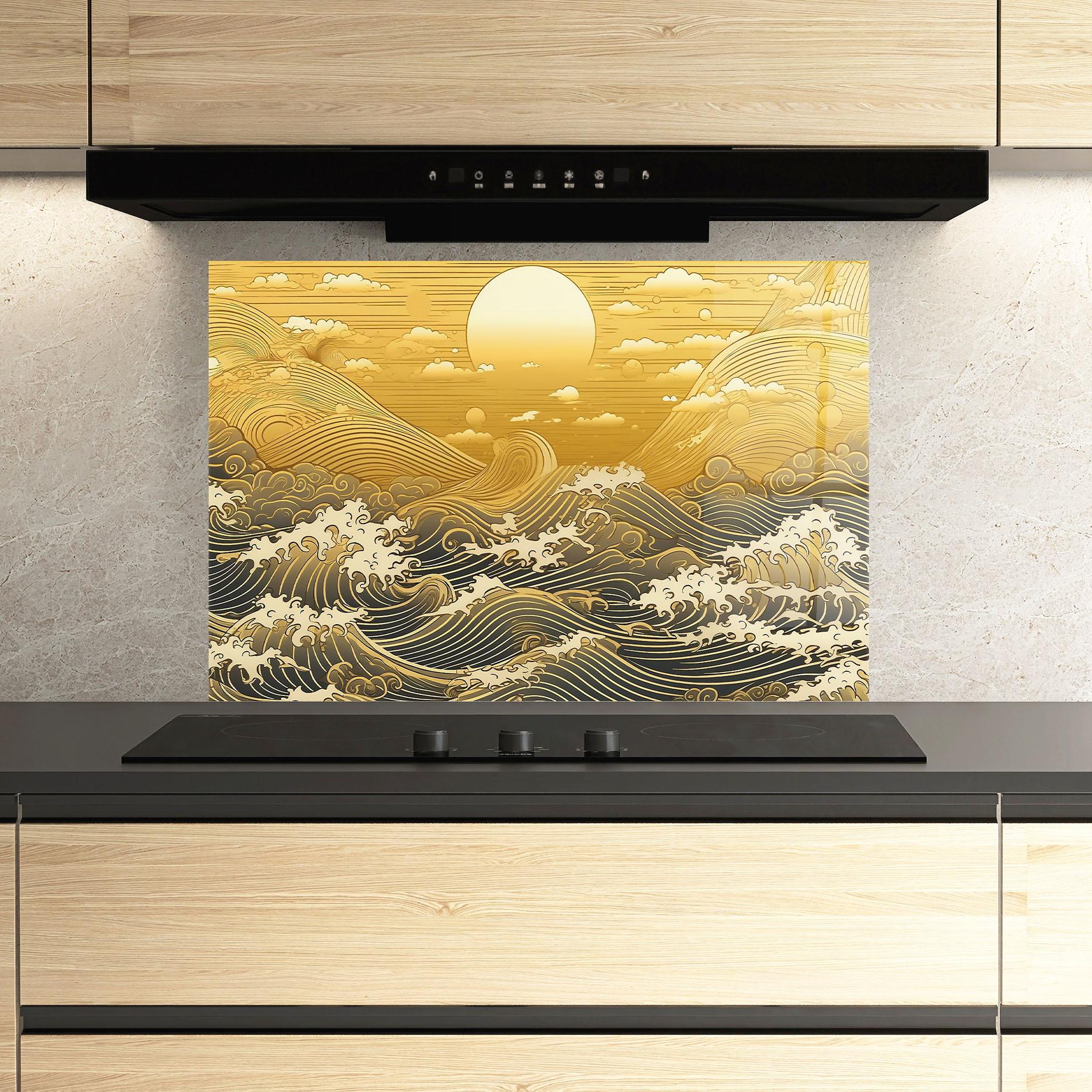 Panou Sticla Bucatarie Blue Gold Waves mockup 3