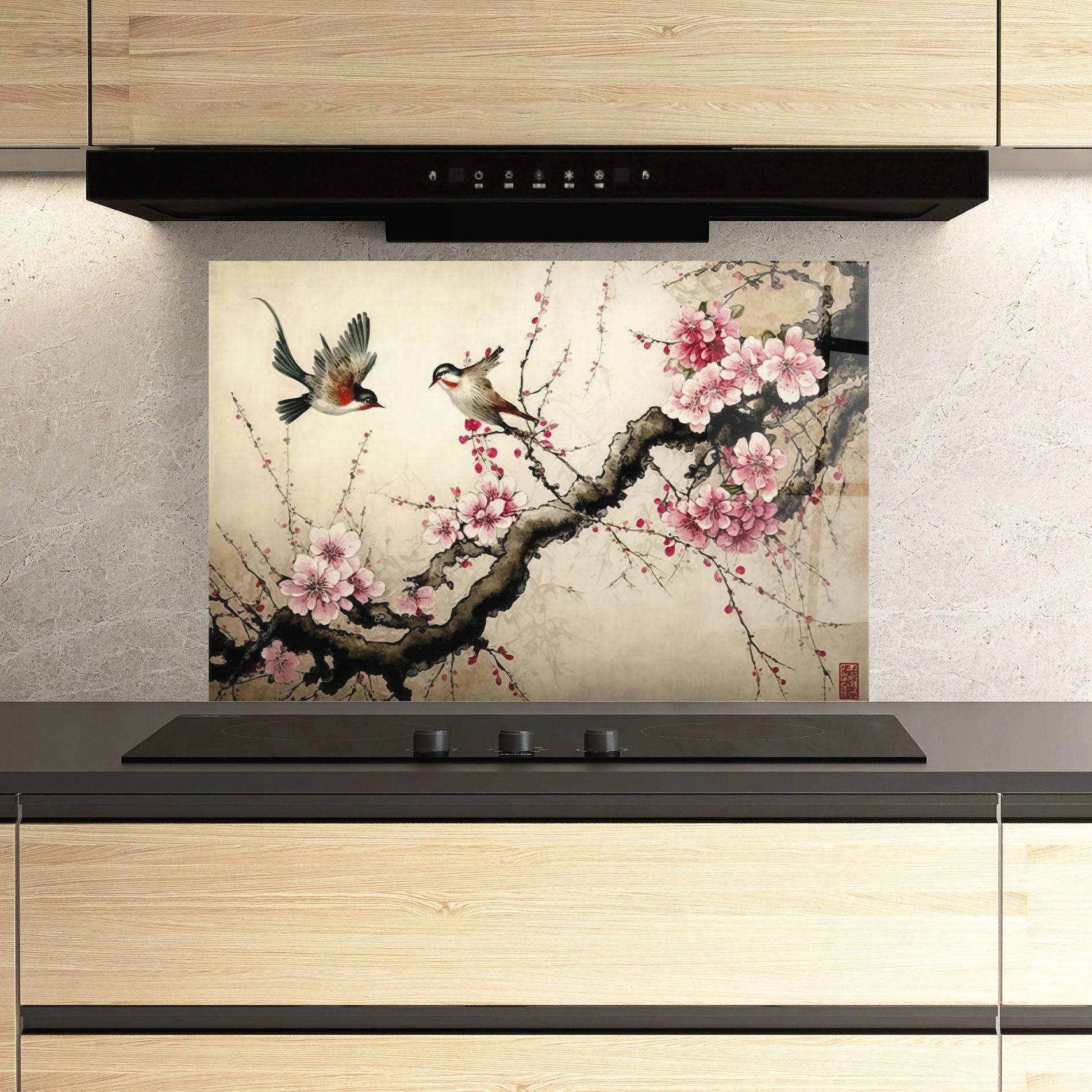 Panou Sticla Bucatarie Cherry Blossom Birds mockup 3