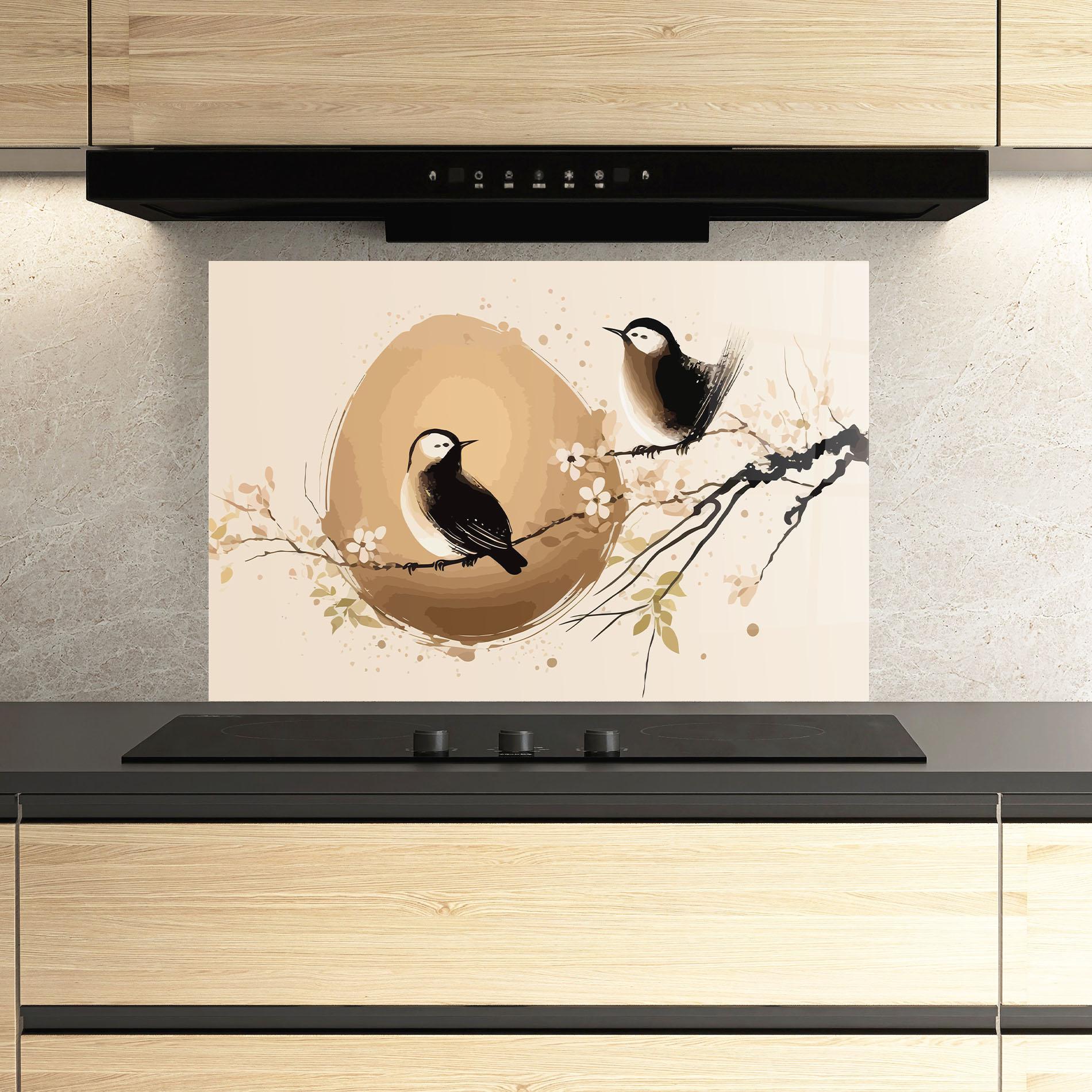 Panou Sticla Bucatarie Cream Blossoms Bird mockup 3