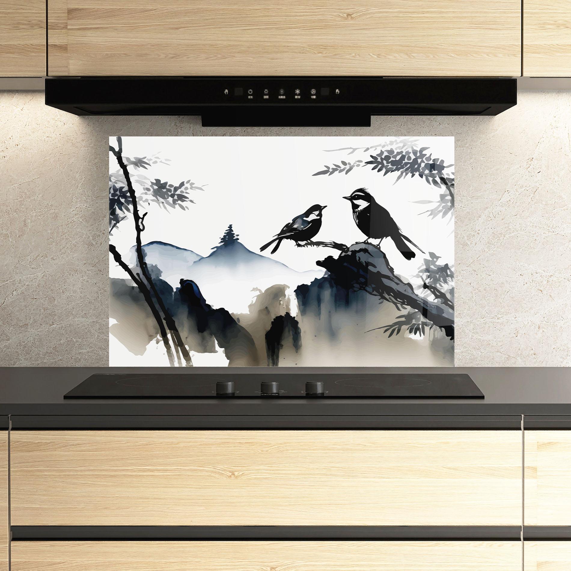 Panou Sticla Bucatarie Cream Blue Mountain Bird mockup 3