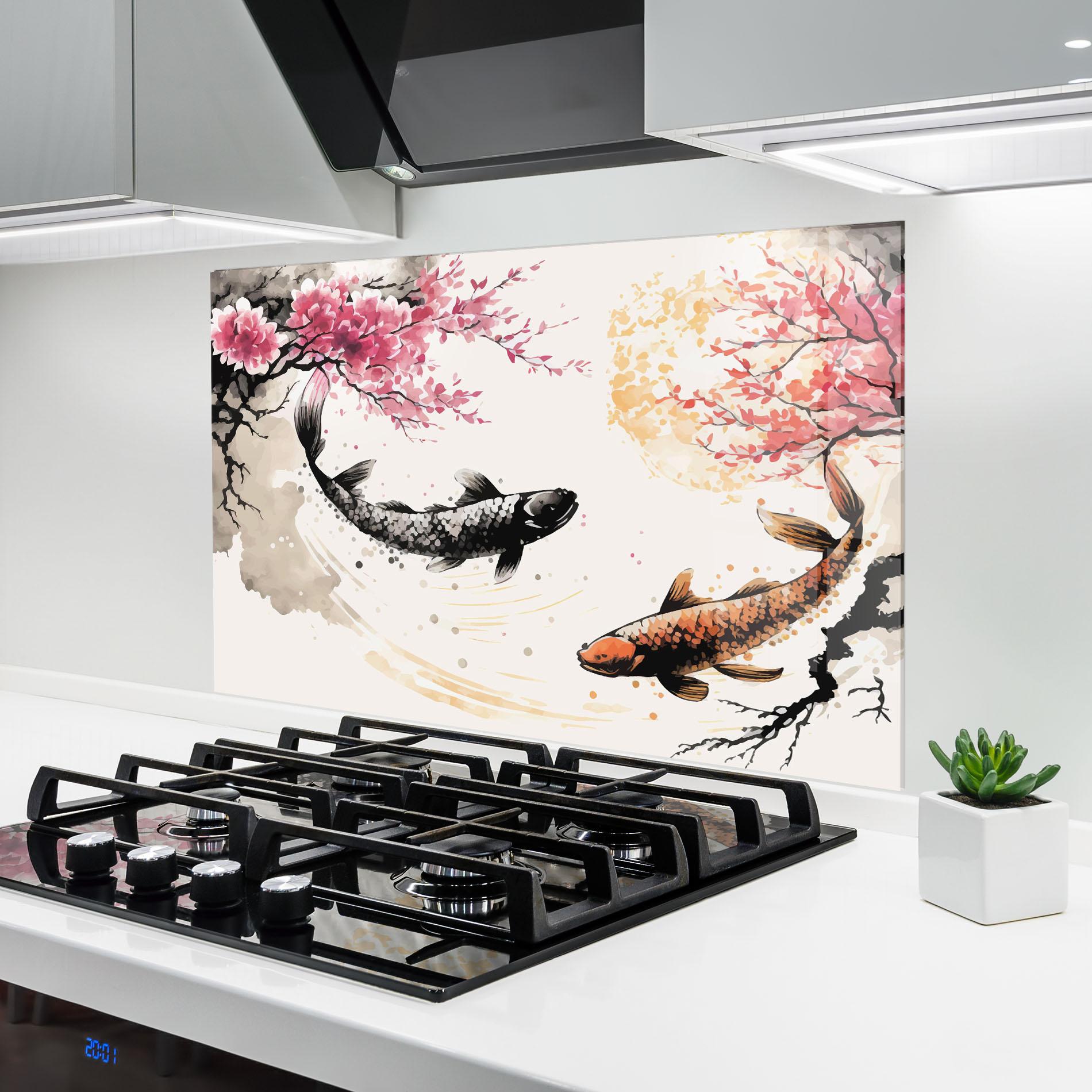 Panou Sticla Bucatarie Asiatic Flower Fish mockup 6