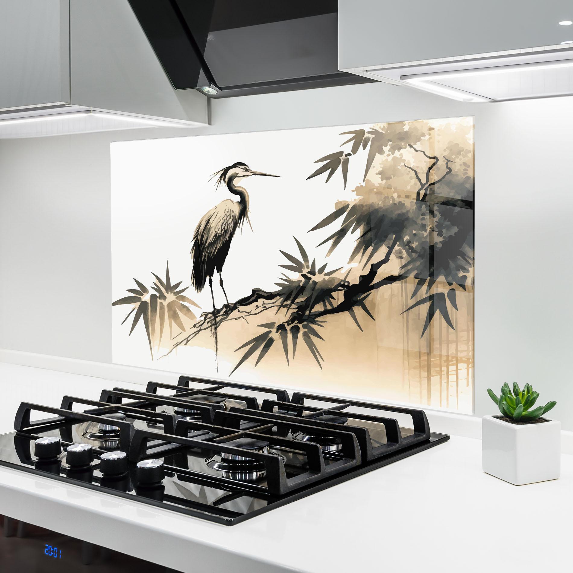 Panou Sticla Bucatarie Black Cream Bird Art mockup 6