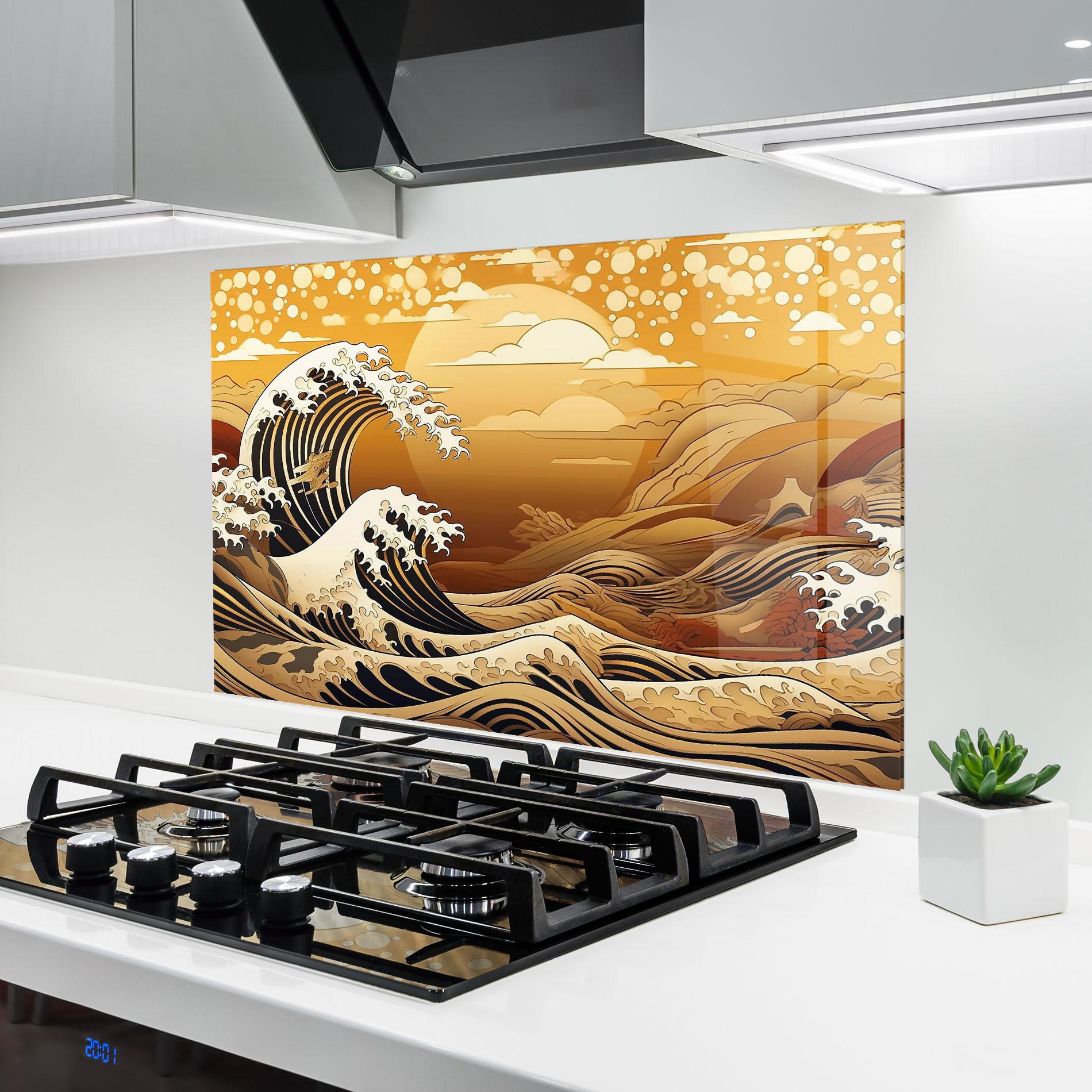 Panou Sticla Bucatarie Black Yellow Waves mockup 6