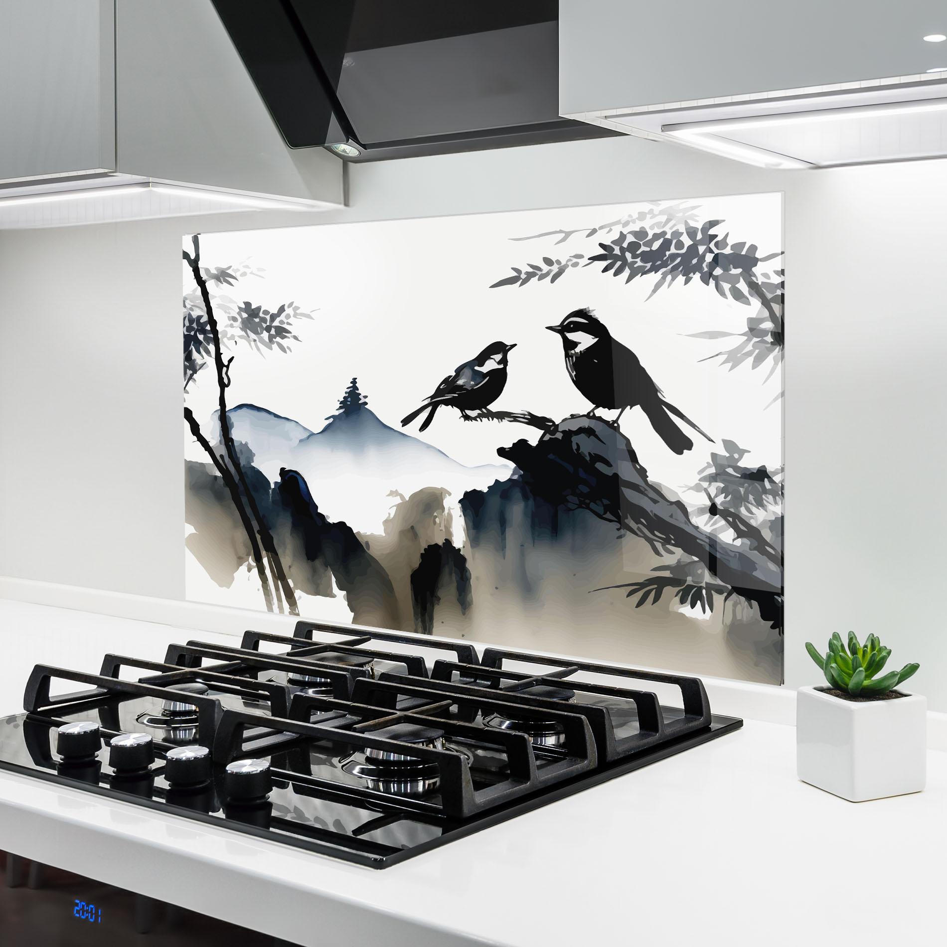 Panou Sticla Bucatarie Cream Blue Mountain Bird mockup 6