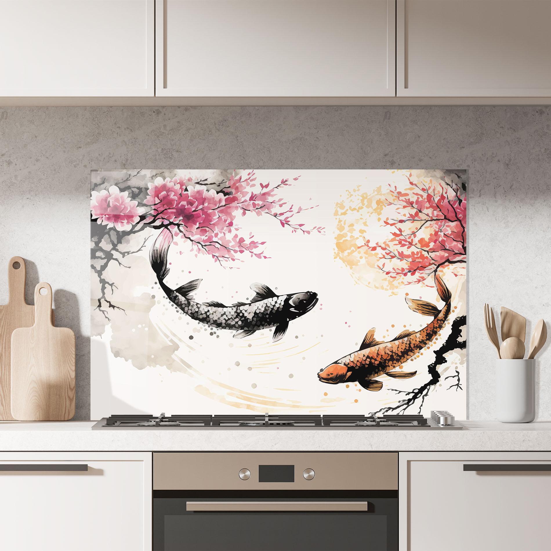 Panou Sticla Bucatarie Asiatic Flower Fish mockup 7