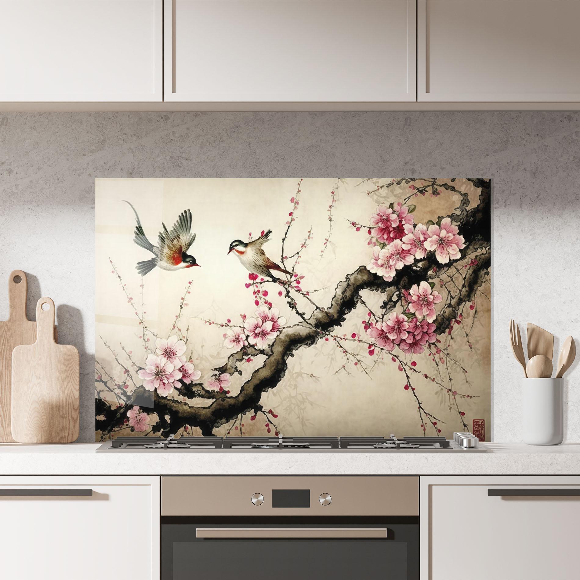 Panou Sticla Bucatarie Cherry Blossom Birds mockup 7