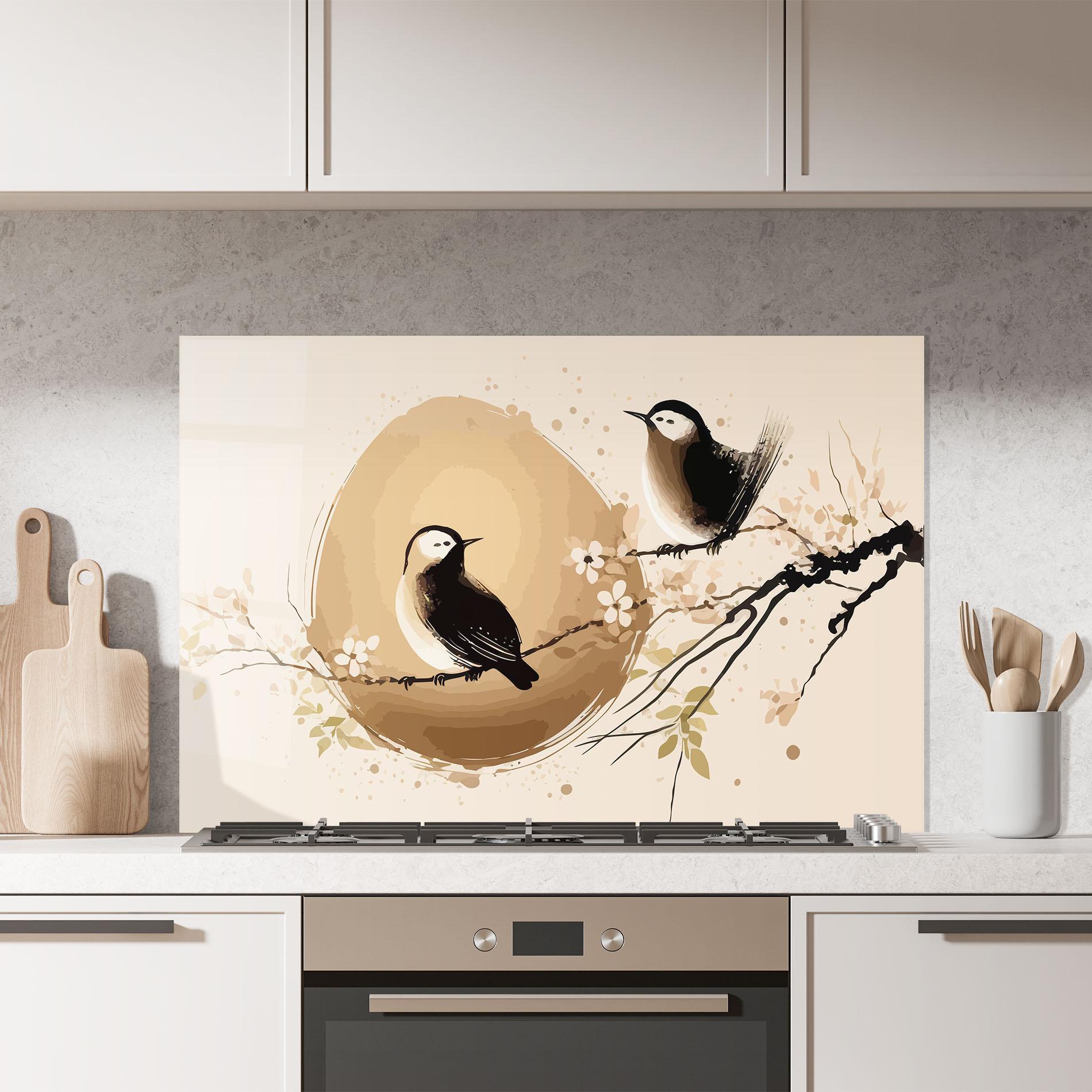 Panou Sticla Bucatarie Cream Blossoms Bird mockup 7
