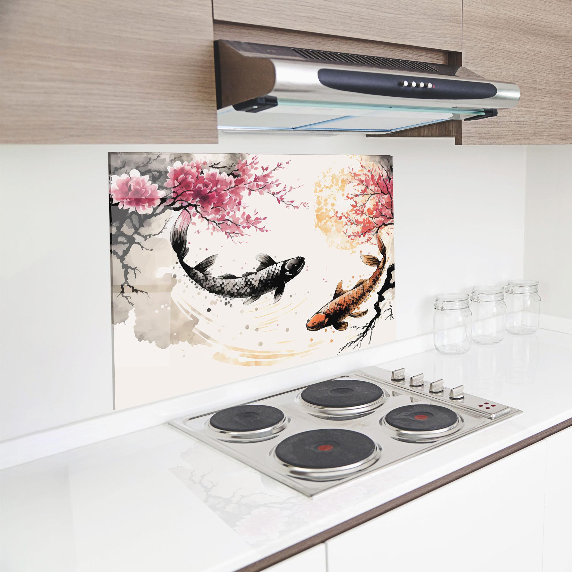 Panou Sticla Bucatarie Asiatic Flower Fish mockup 8