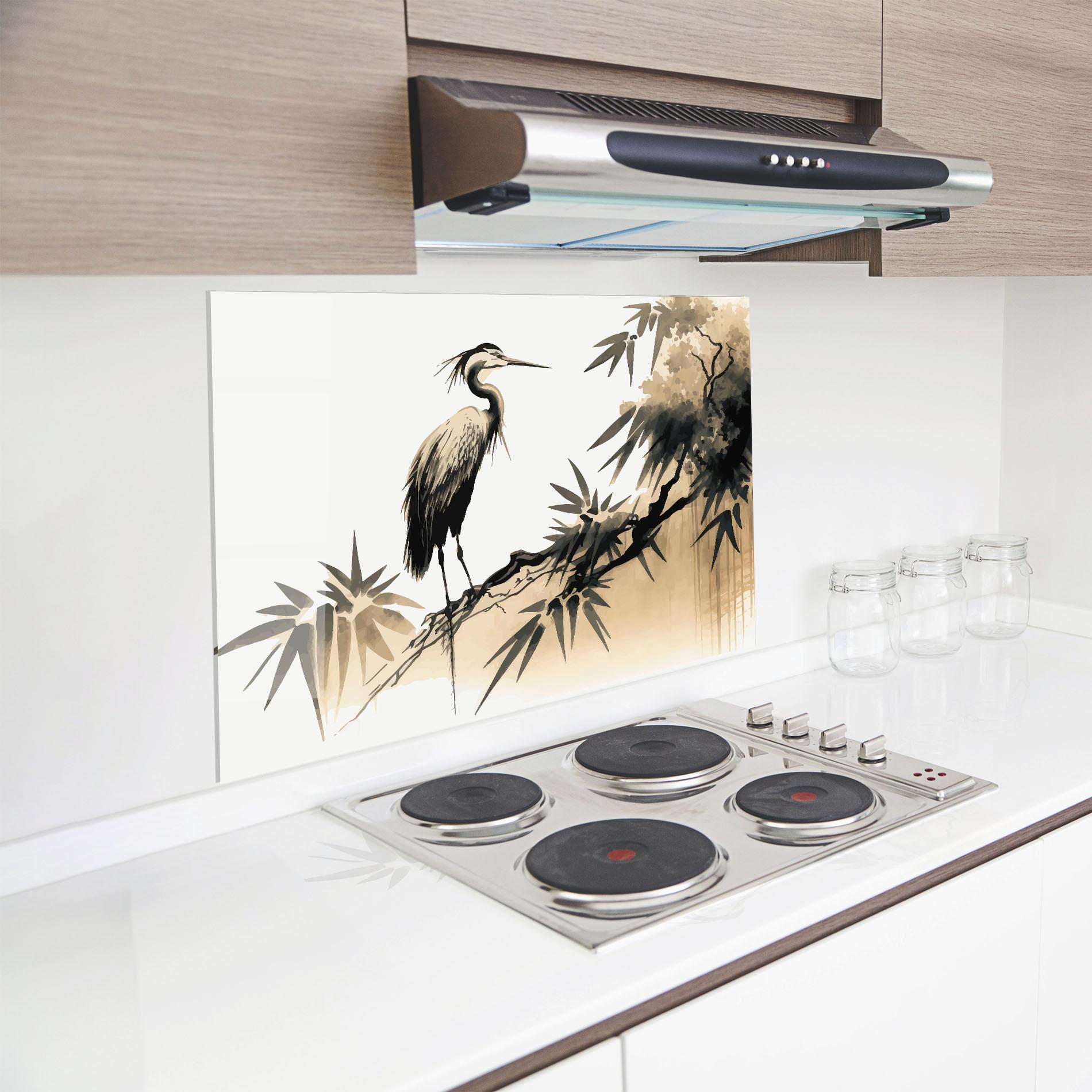 Panou Sticla Bucatarie Black Cream Bird Art mockup 8