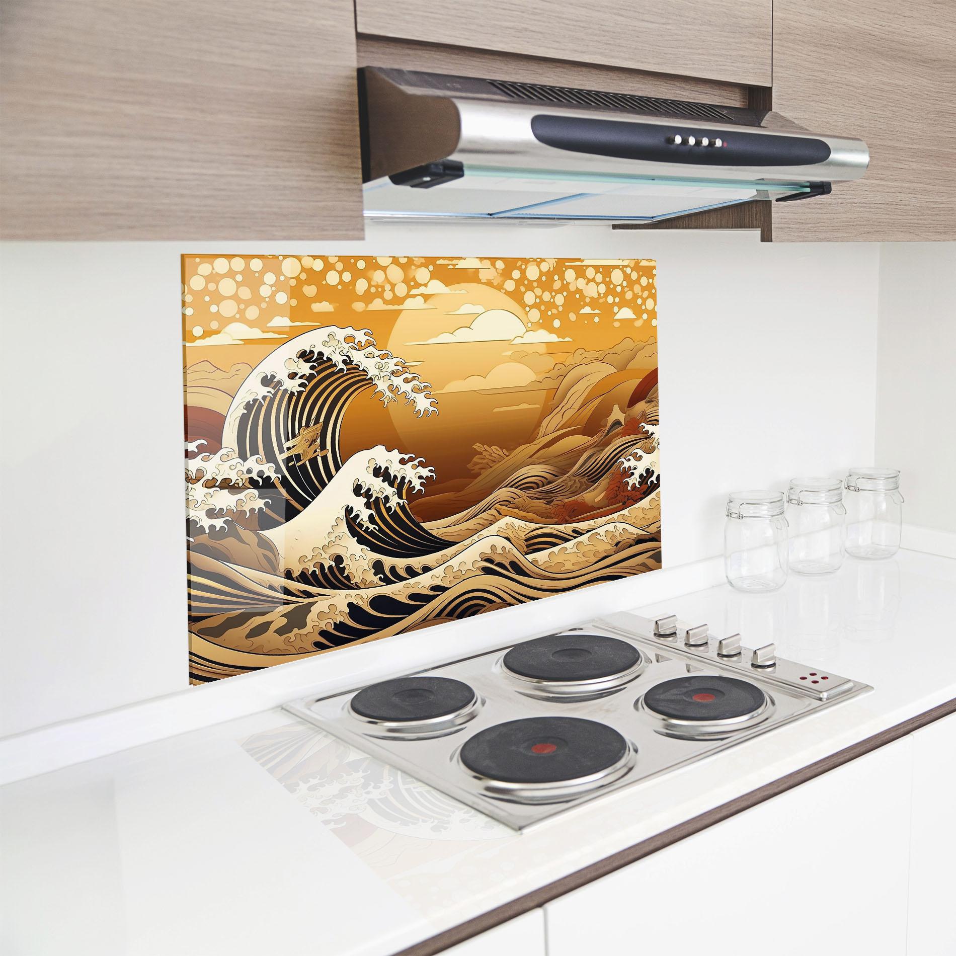 Panou Sticla Bucatarie Black Yellow Waves mockup 8