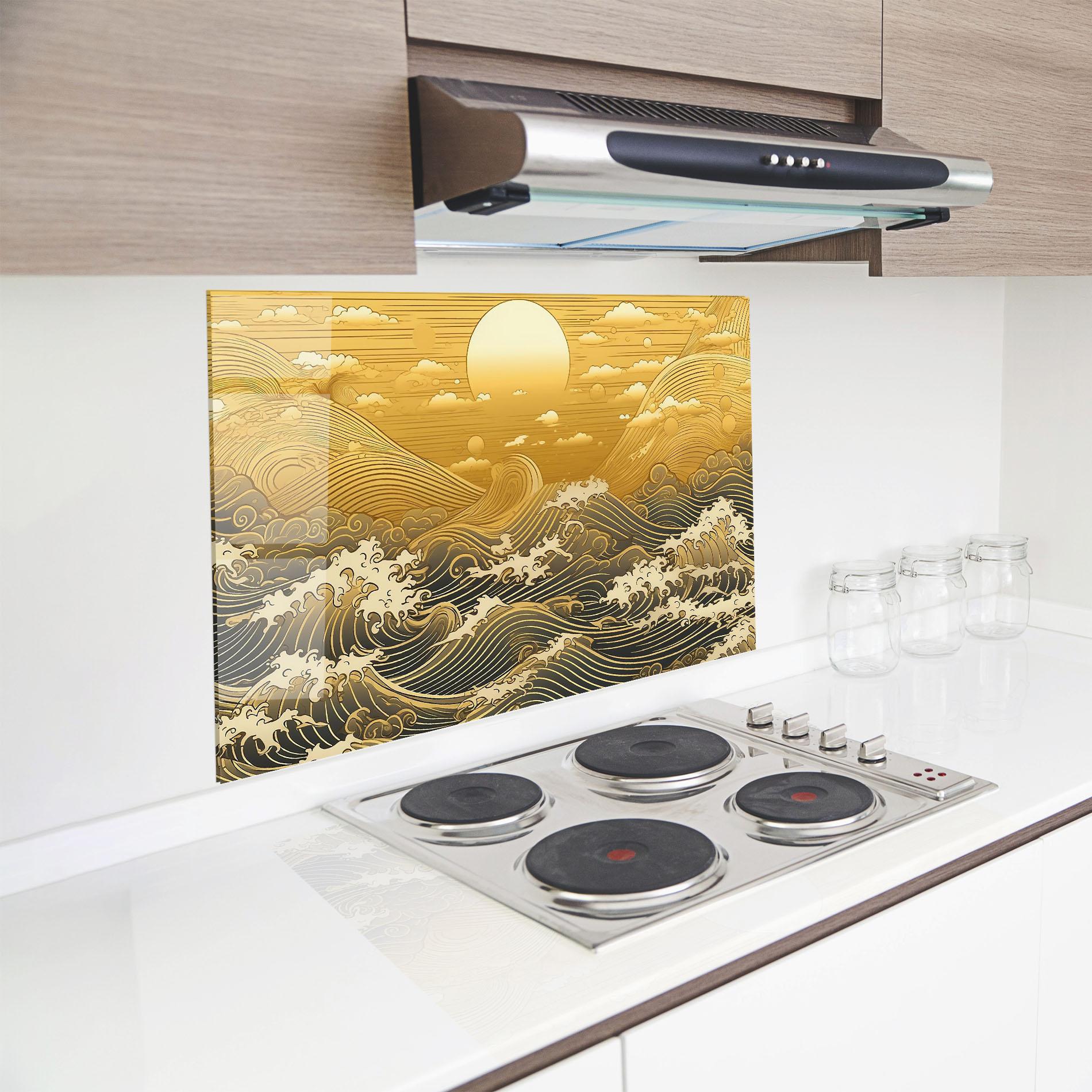 Panou Sticla Bucatarie Blue Gold Waves mockup 8