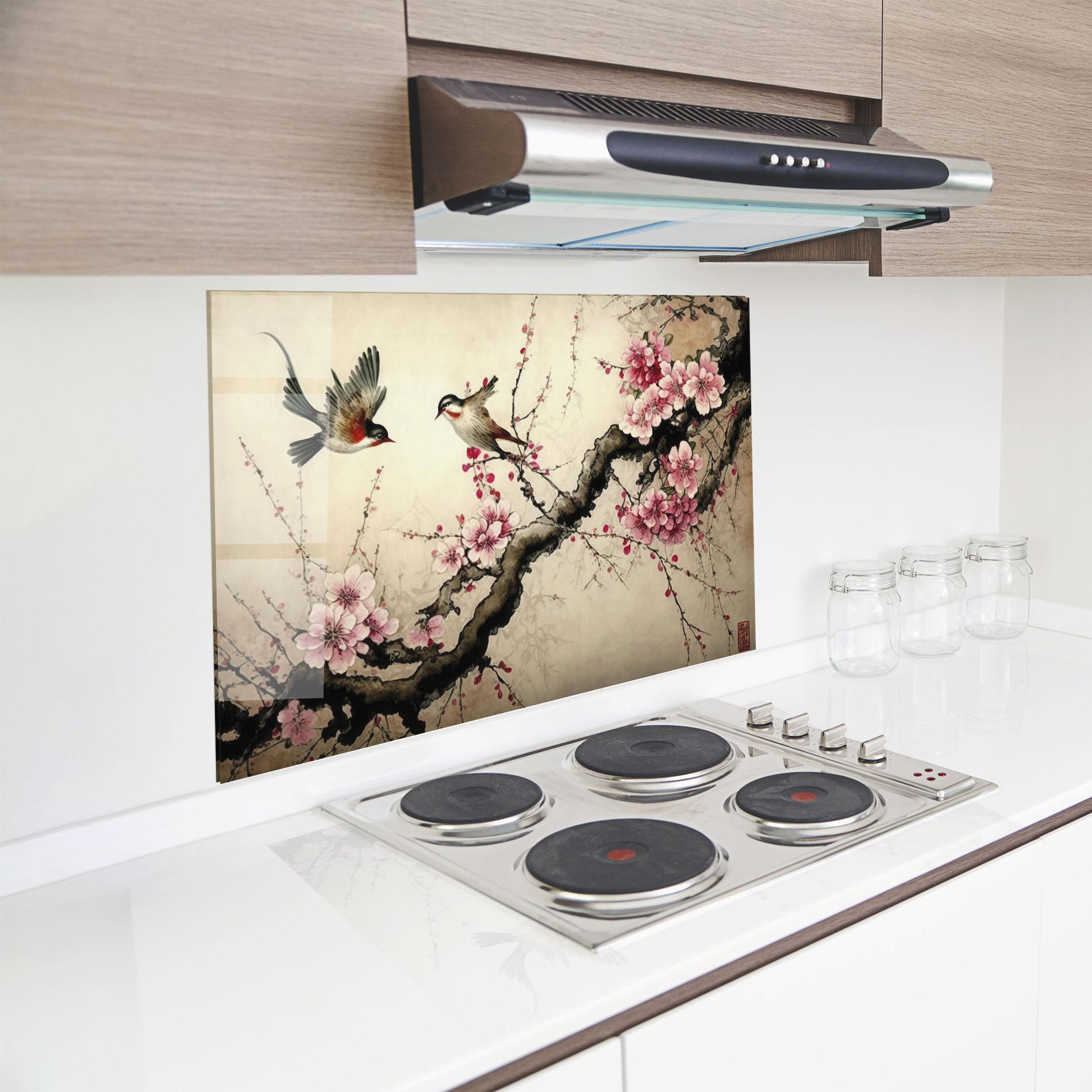 Panou Sticla Bucatarie Cherry Blossom Birds mockup 8