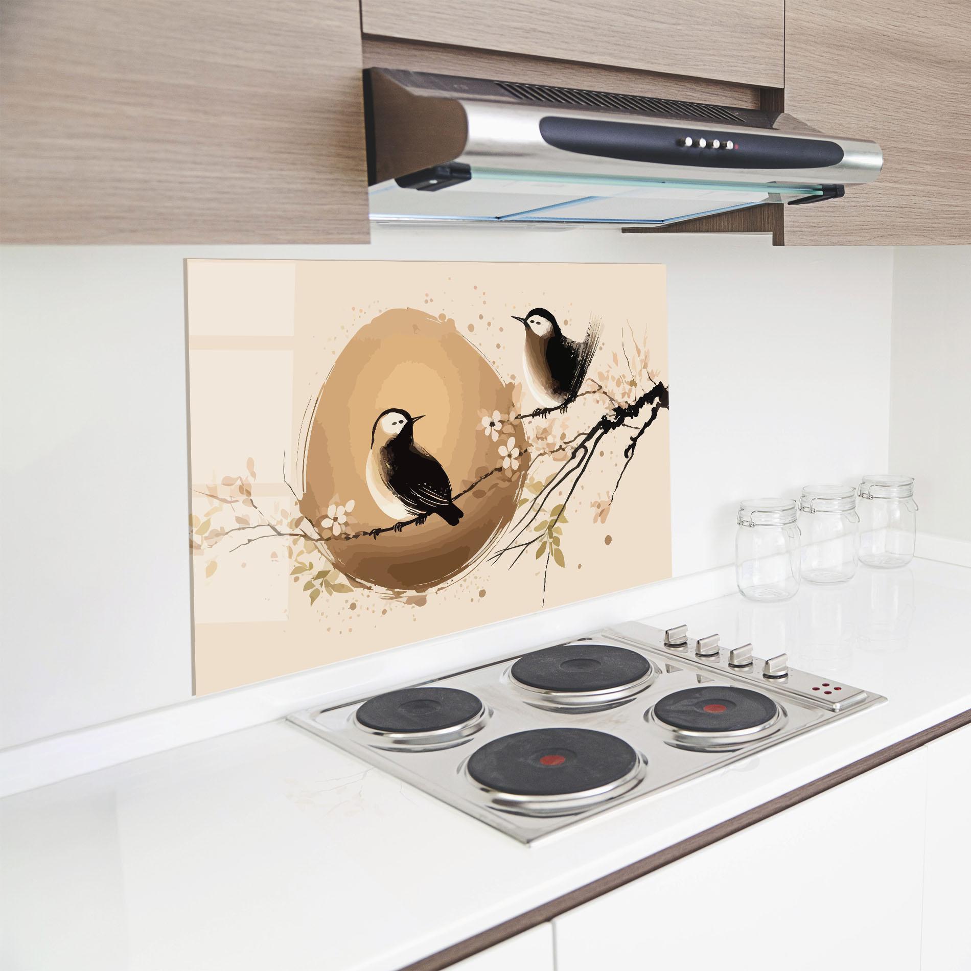 Panou Sticla Bucatarie Cream Blossoms Bird mockup 8