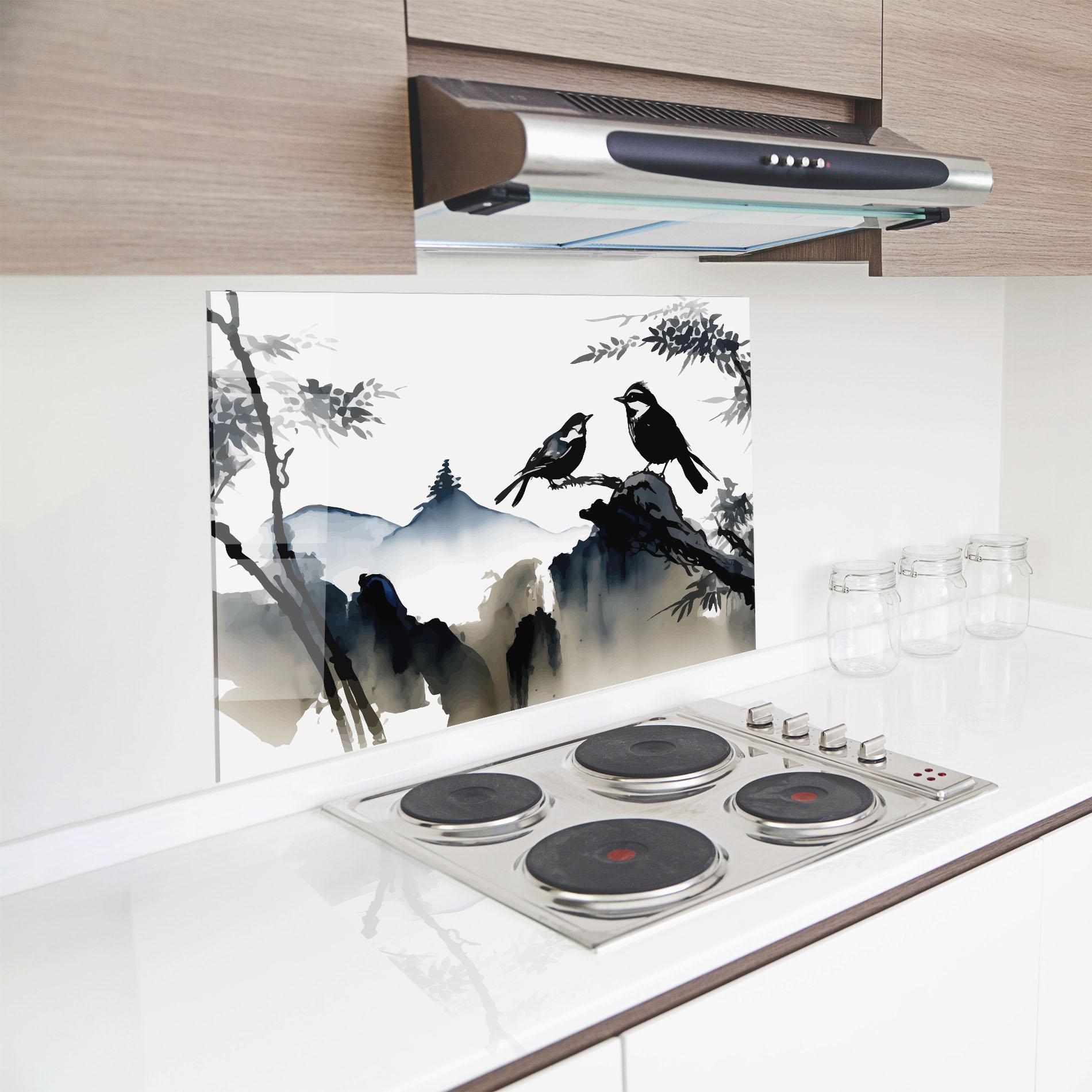 Panou Sticla Bucatarie Cream Blue Mountain Bird mockup 8