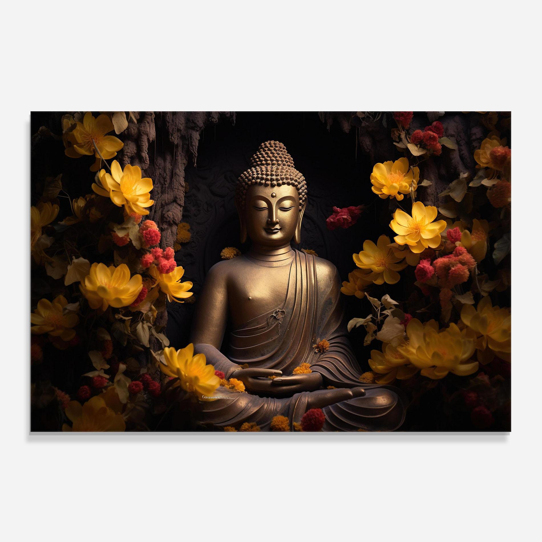 Panou Sticla Bucatarie Buddha Yellow Red mockup 0