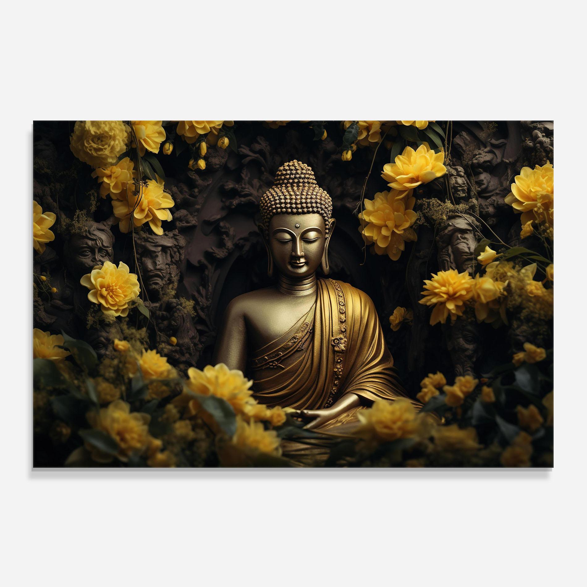 Panou Sticla Bucatarie Gold Buddha Flowers mockup 0