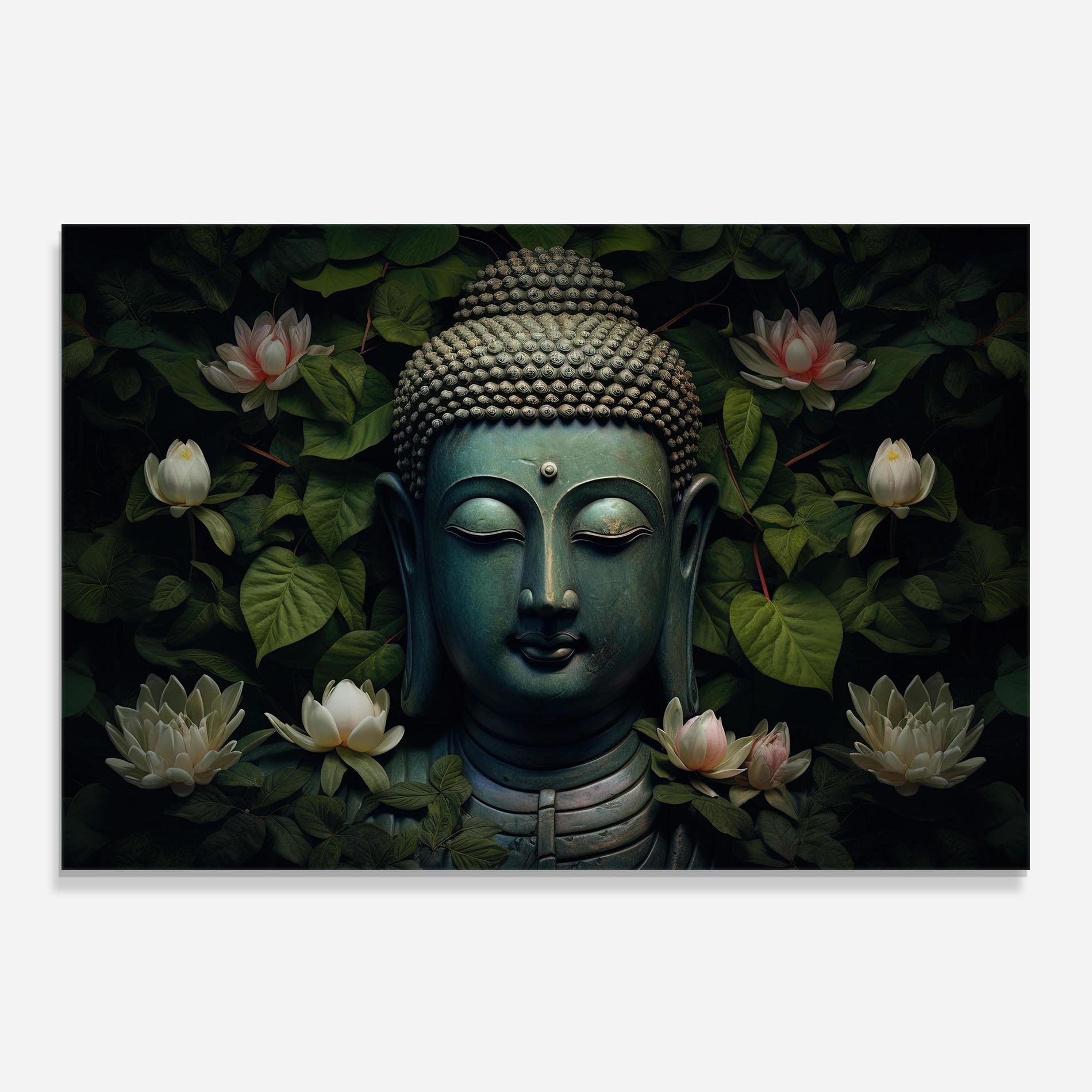 Panou Sticla Bucatarie Green Statue Buddha mockup 0