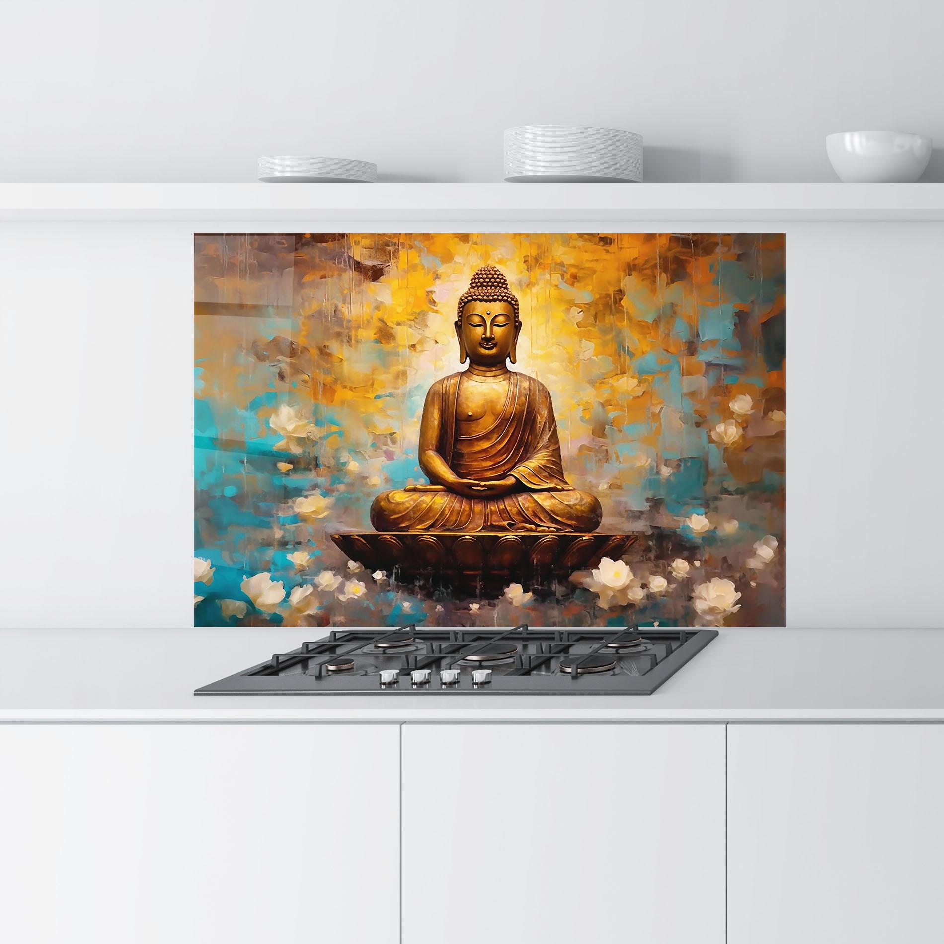 Panou Sticla Bucatarie Blue Gold Buddha mockup 9